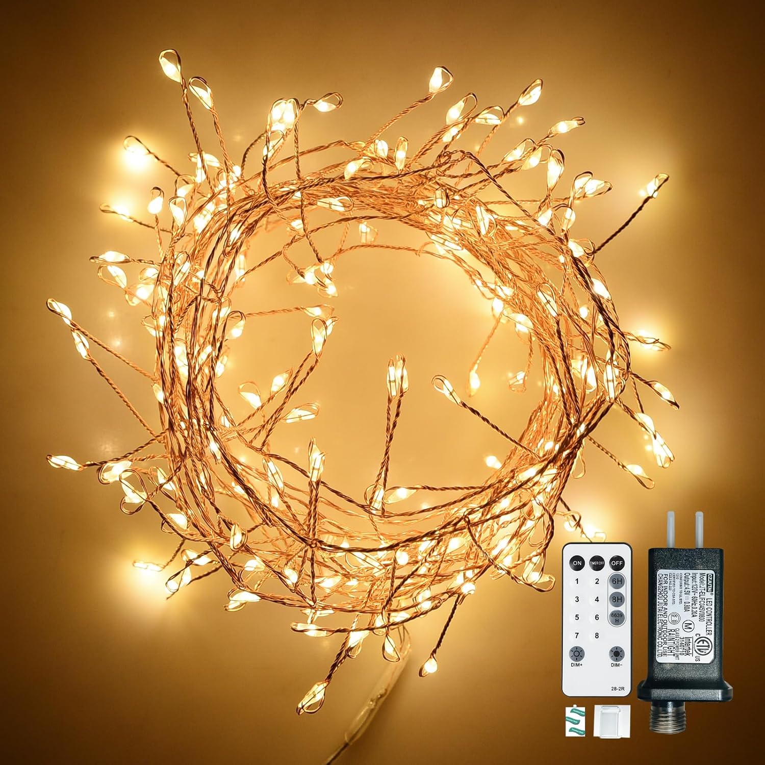 Dailyart Fairy Lights Plug in, 200 Led Twinkle String Light with Remote 10Ft 8 Modes Warm Cluster Lights with Timer for Bedroom Wreath Party Window Wedding Christmas Tree Decoration Gold Wire