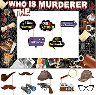 Murder Mystery Photo Booth Props Set Funny Detective Party Decorations | Who is the Murderer Paper Frame, 15 Handheld Signs, Theme Games Party Supplies