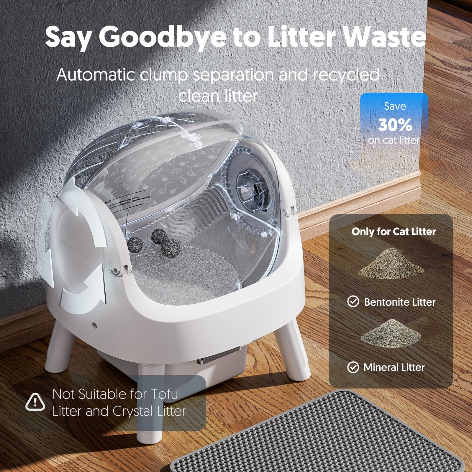 PetPivot Self Cleaning Litter Box, Open Top Automatic Litter Box for Multiple Cats, Multiple Layer Safety Protection, Liners and Mat Included, White