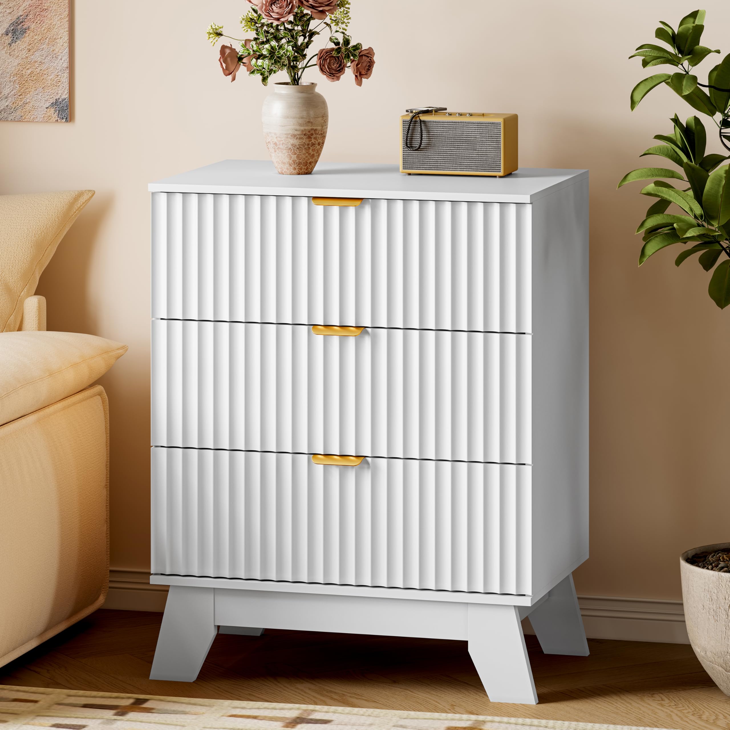 BORNOON Fluted 3 Drawer Dresser, 30.3" Tall Compact Modern Boho Chest of Drawers, Wooden Storage Cabinet for Bedroom, Living Room, Entryway, Curved Profile Design