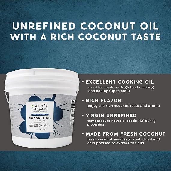Wildly Organic Coconut Oil Virgin Unrefined (Cold Pressed), 8 lb./1 gal | BPA Free Container, Perfect for Skin, Hair, Smoothies, Cooking, Baking
