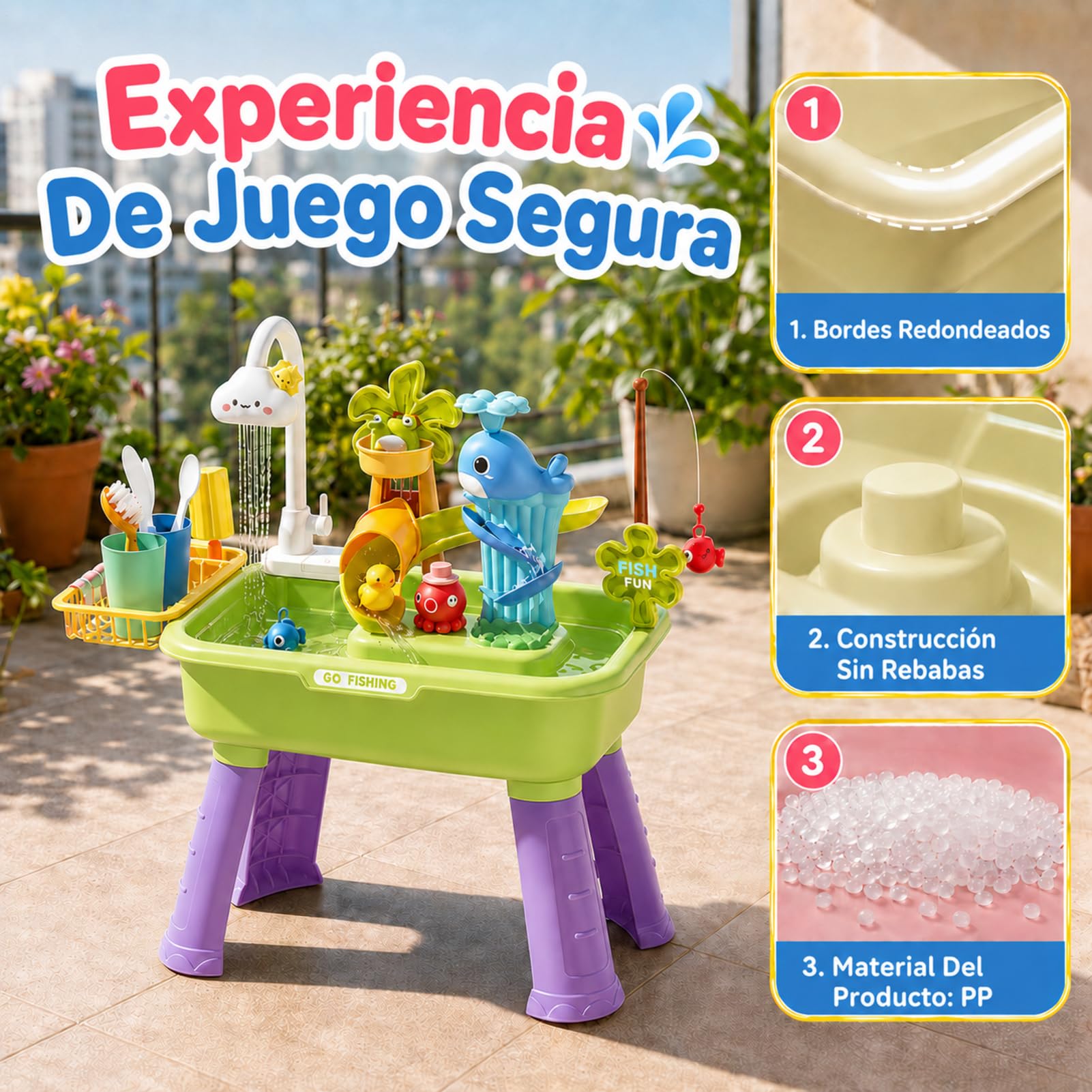 Mesa De Agua para Niños - 4 En 1 Juegos Acuáticos con Agua Corriente Automática | Incluye Juego De Pesca Y Tobogán | Educativo para Exterior Cumpleaños