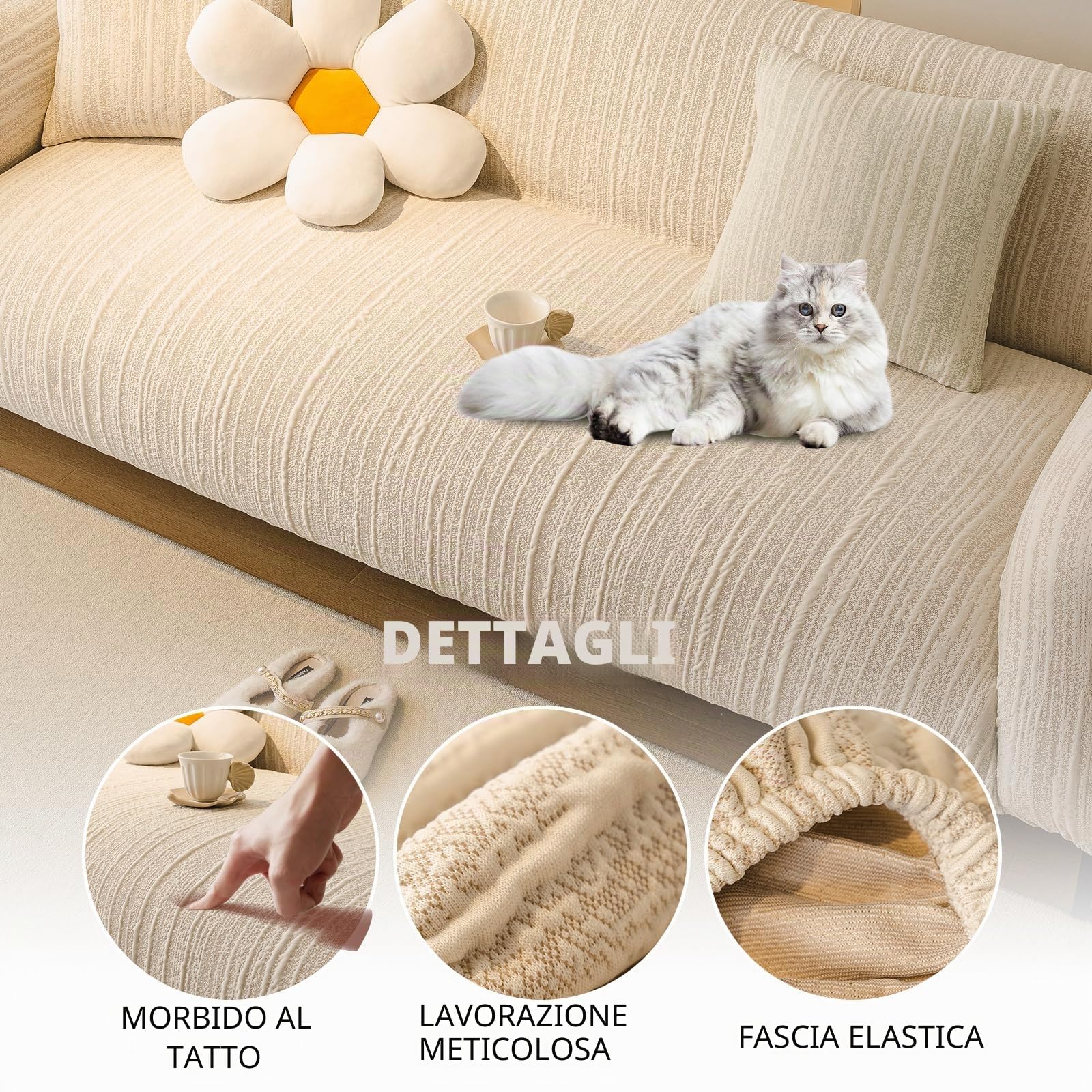 Copridivano 3 Posti con Braccioli, Copridivano Antigraffio Gatto, Copri Divano Elasticizzato Elastico, Universale Sofa Cover Antimacchia Lavabile Antiscivolo (3 Seduta, Beige)