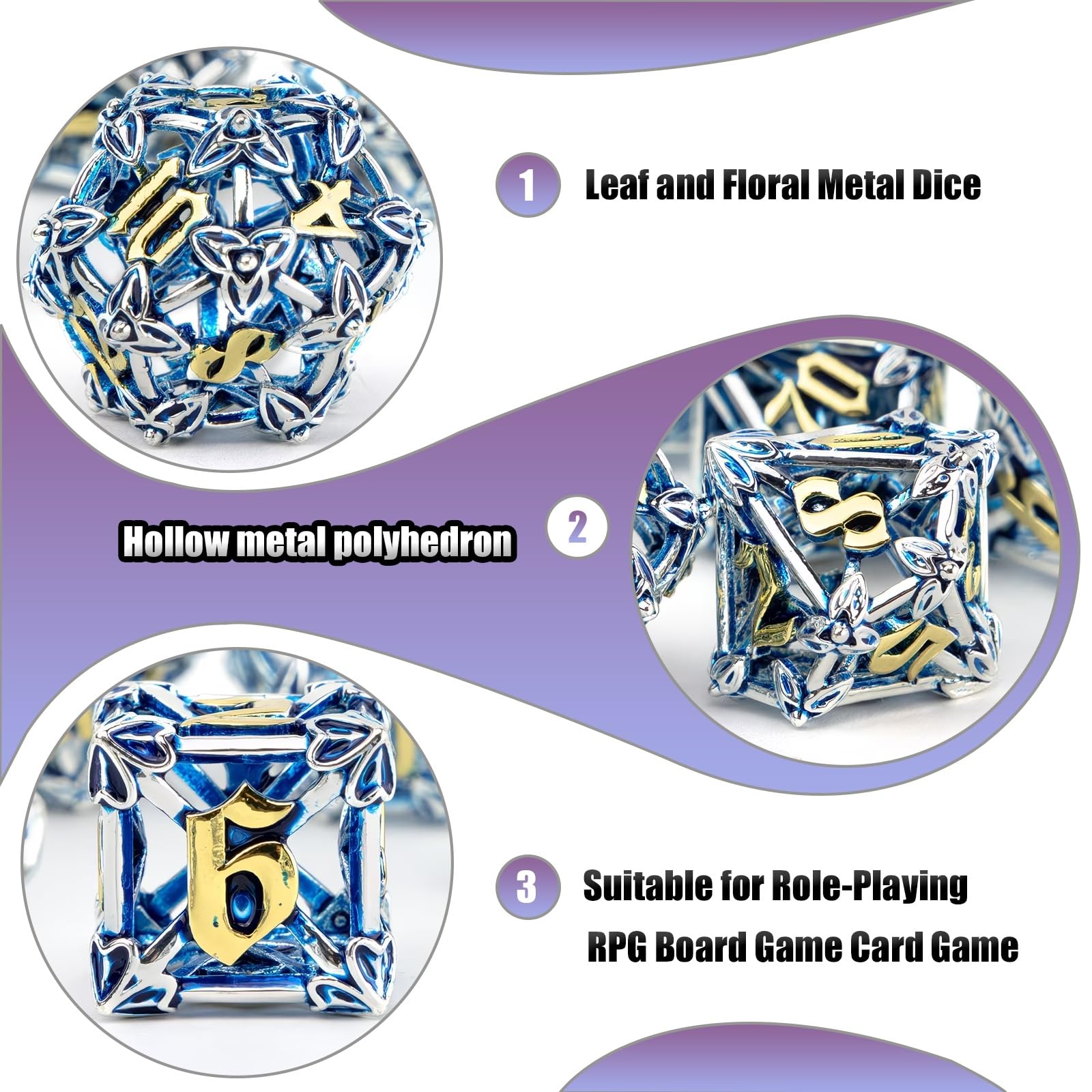 Lot de 7 Dés en Métal Argentés et Bleus à Motifs de Feuilles et de Fleurs, Polyèdres Creux, Compatibles avec Les Jeux de Rôle Les Jeux de Société et Les Jeux de Cartes