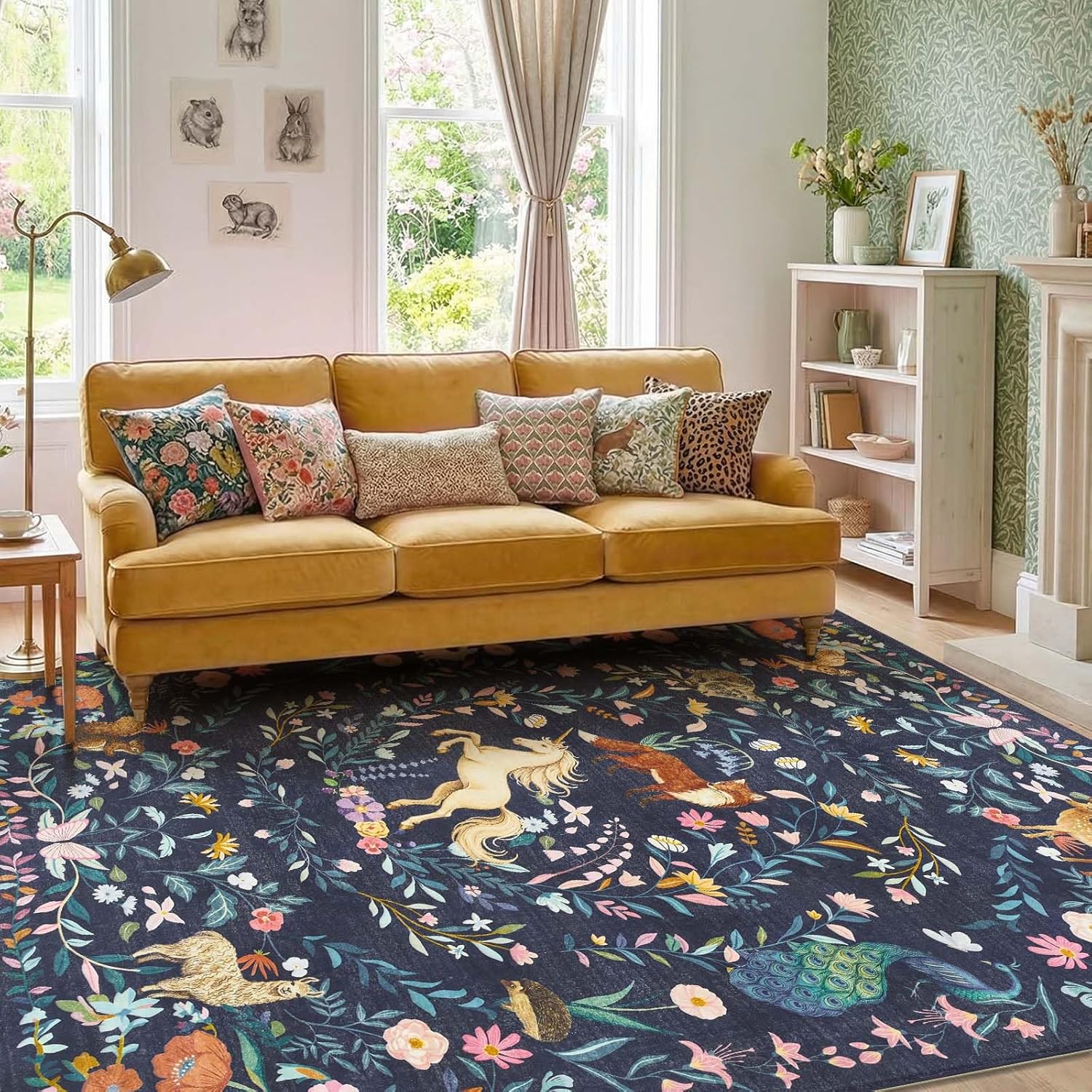 jinchan Moonrise Area Rug 8x10 Kids Room Rug Washable Unicorn Rug Soft Non-Slip Low Pile Fairytale Woodland Animals Floral Carpet for Classroom Nursery Playroom Bedroom Living Room Midnight Navy Blue