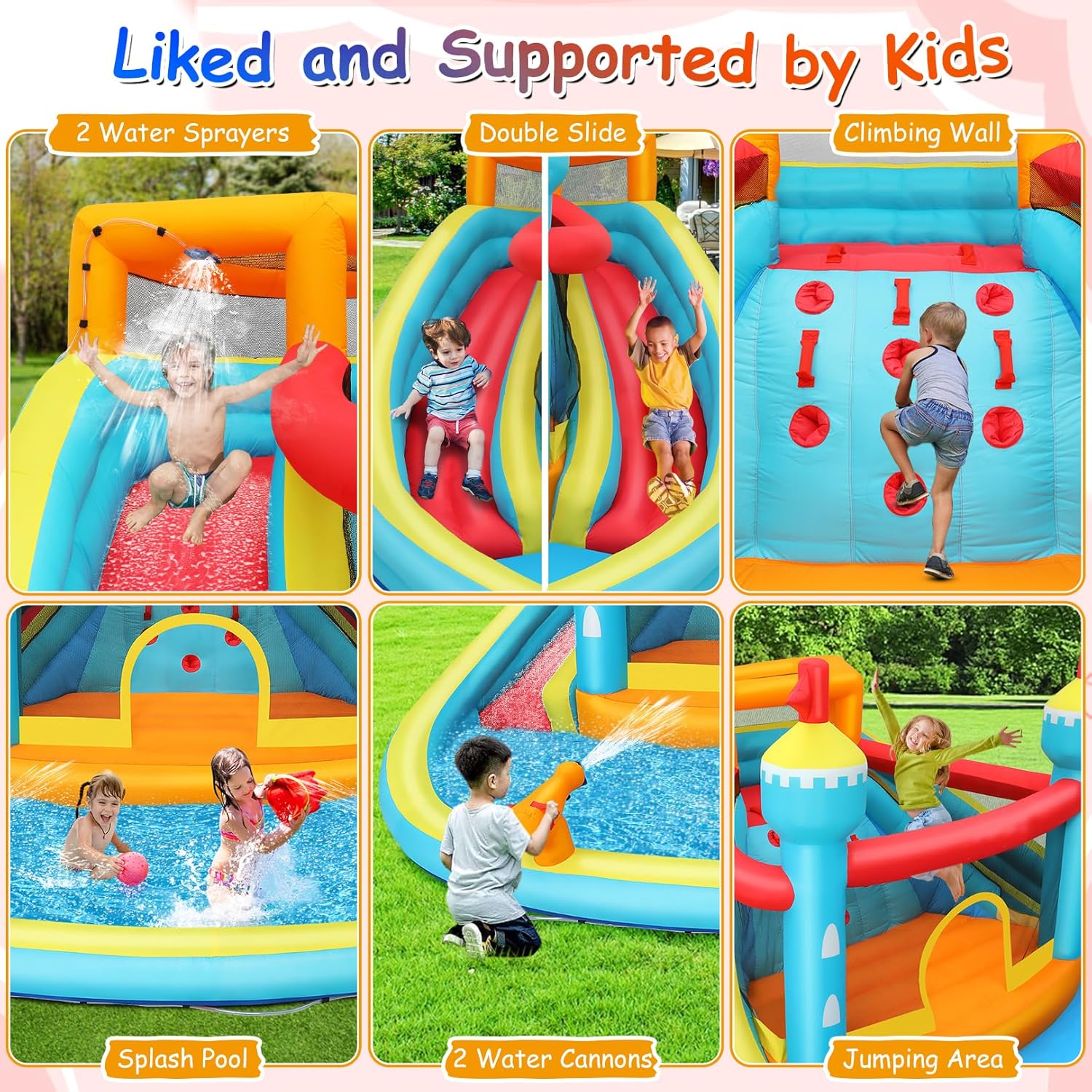 Inflatable Water Slide Bounce House, 14.1x13.8x7.5FT Double Lane Mega Waterpark w/Large Climbing Wall, 2 Water Cannon & Giant Splash Pool for Outdoor Backyard Party Gifts w/Storage Bag & 520W Blower