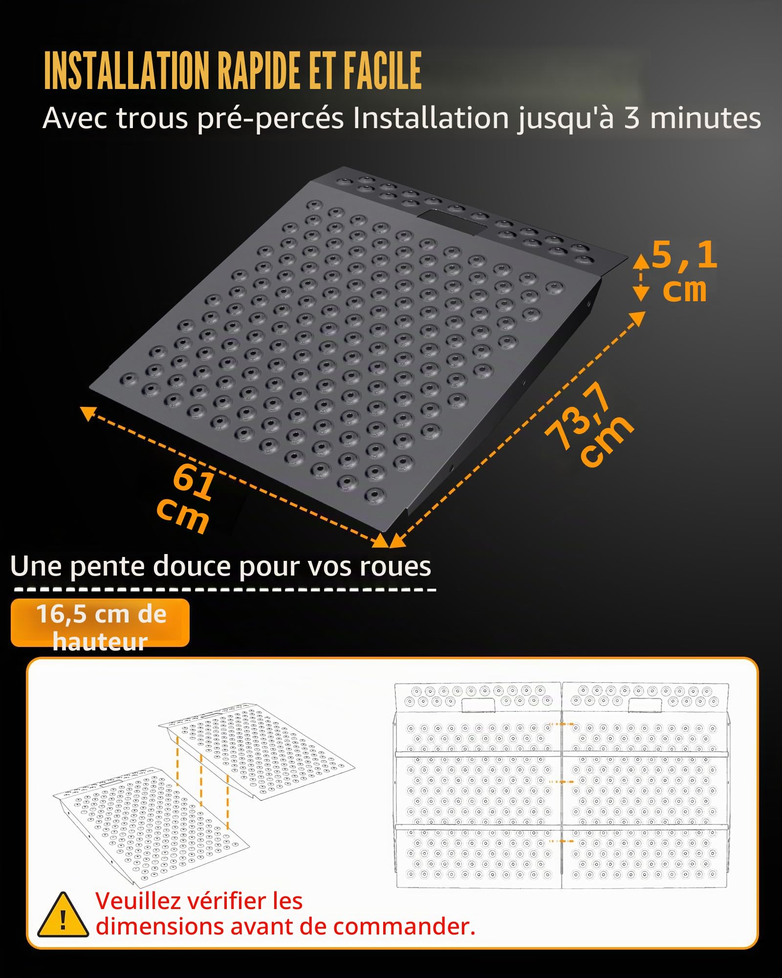 Rampe de Remise 74 cm x 61 cm pour Tondeuse Autoportée et Matériel de Jardin – Capacité 340 kg Plaque Perforée Antidérapante pour ATV, Motos, Garages et Granges (1 pièce)