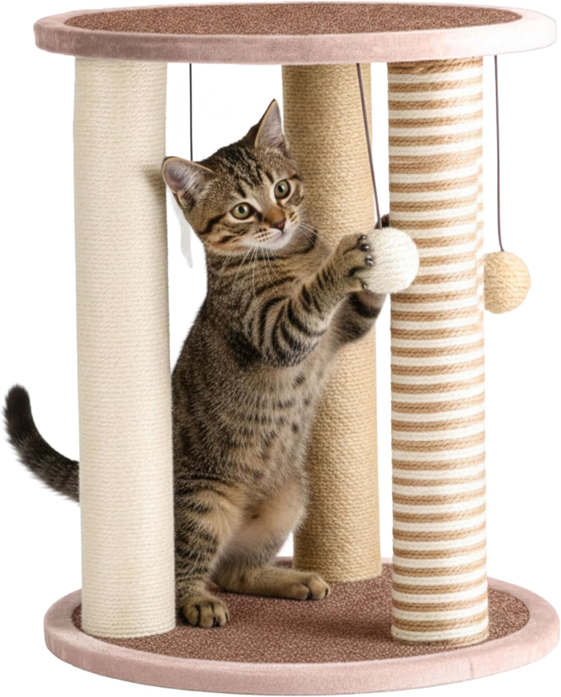 Cat Scratching Post - 3 Scratcher Posts with Carpeted Base Play Area and Perch - Furniture Scratching Deterrent for Indoor Cats by PETMAKER (Brown), Large