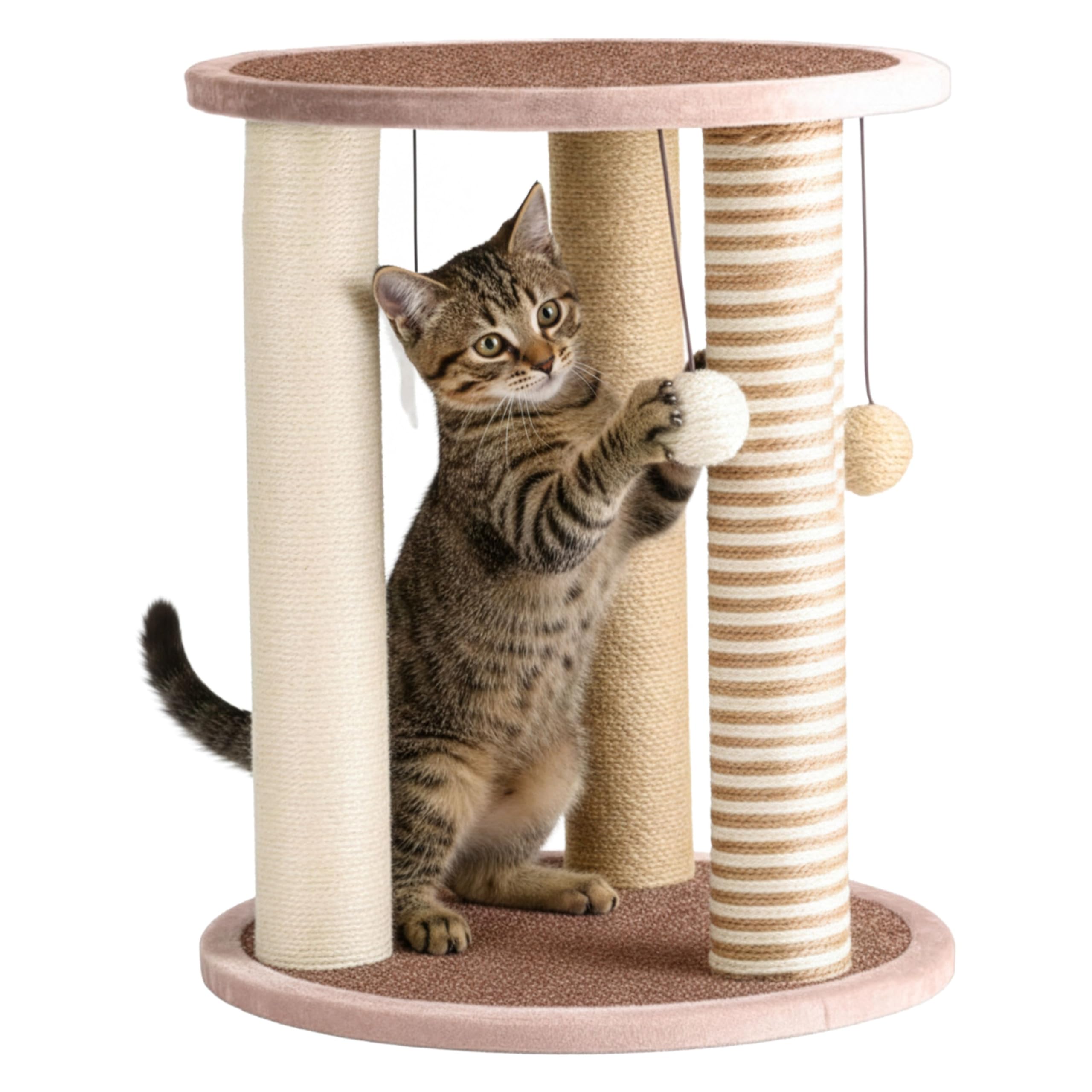 Petmaker Cat Scratching Post - 3 Scratcher Posts with Carpeted Base Play Area and Perch - Furniture Scratching Deterrent for Indoor Cats (Brown), Large