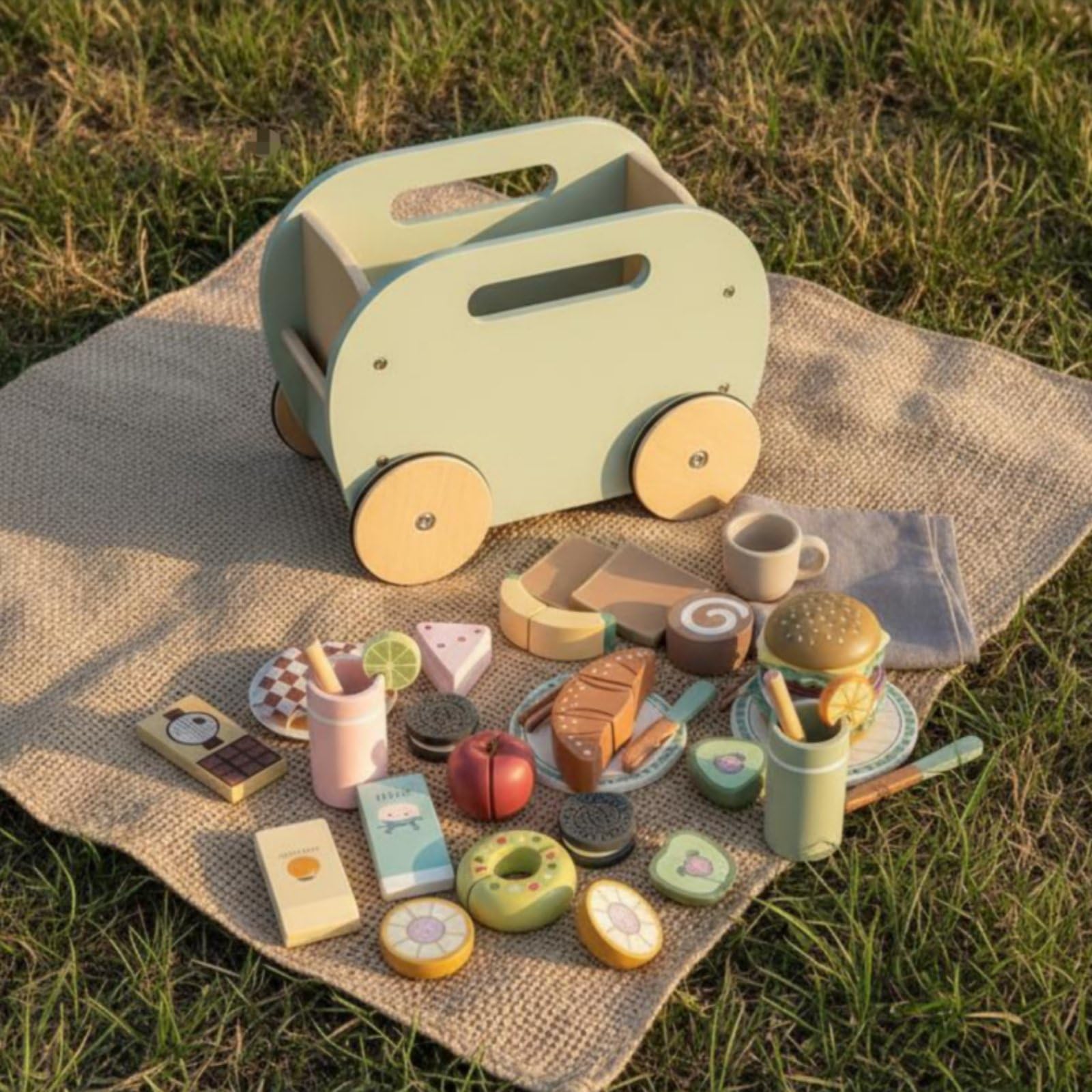 Kinder Spielzeug Wagen Kinderküchen Spielset Holz Imbisswagen Rollenspiel Essenswagen Lernspielzeug mit 31 Teilen Holzmaterial Tragbarer Ziehwagen für Vorschule Zuhause Garten
