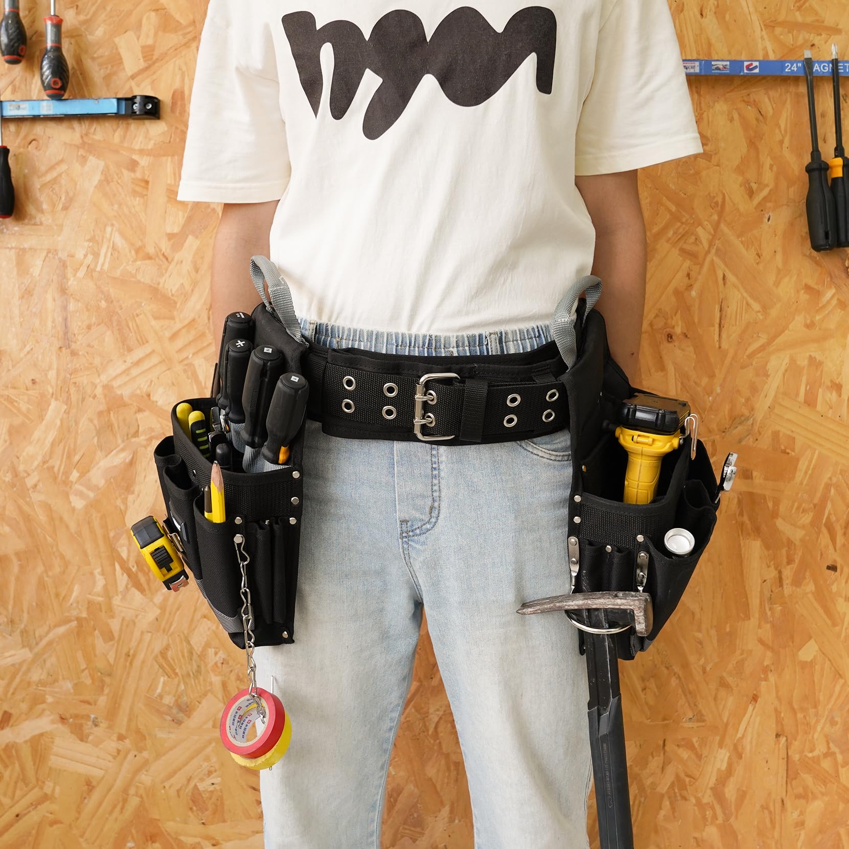 MELOTOUGH Elektryk wyściełany pas narzędziowy do mocowania budowlanego fartuch roboczy torba na narzędzia torba Combo narzędzie Rig z uchwytami do noszenia dla stolarza, budowy, pasa użytkowego