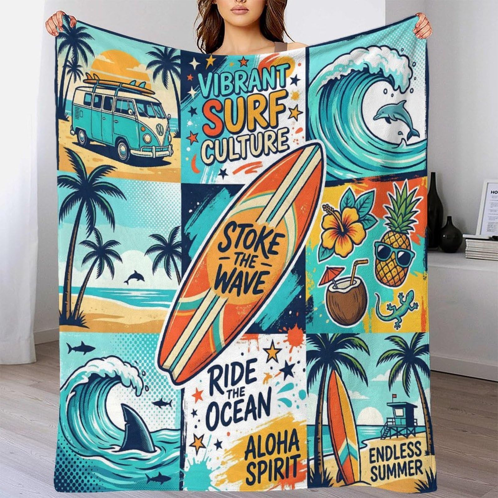 Autocollants représentant la Culture Surf. Jeté De Canapé Imprimé 3D, Premium Microfibre Couverture 80x90inch(200x230cm), Plaid Ultra Doux Respirant pour Hommes Femmes Adultes