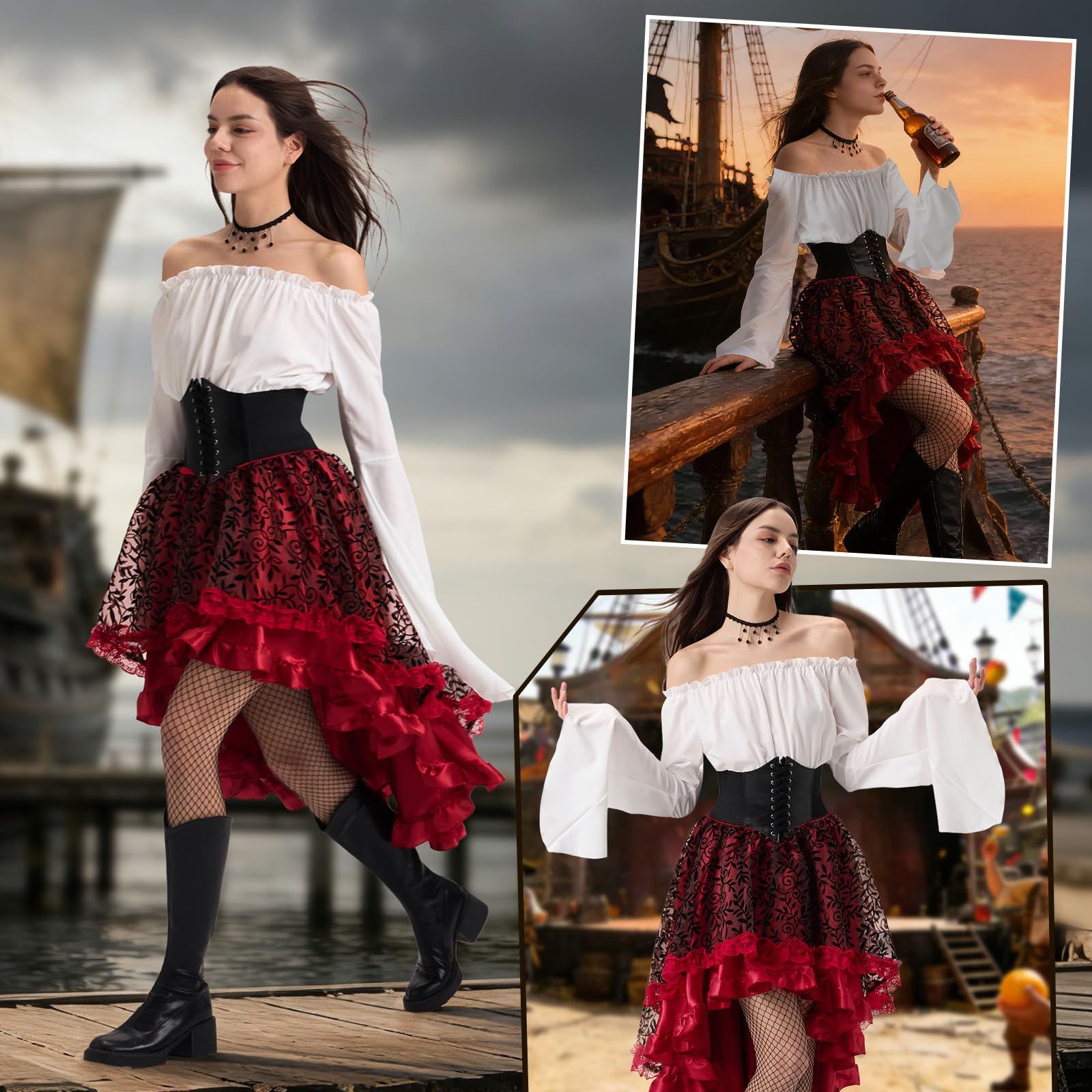 Charmofun Disfraz de Pirata para Mujer, Vestido Medieval Mujer con Top Con Hombros Descubiertos, Corsé de Pirata, Costume Victoriano Renacentista para Carnaval Halloween Cosplay (Rojo, L)