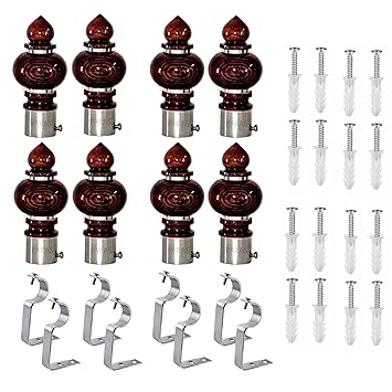 PARAS | Luxury Wooden Curtain Bracket with Finials 8 Finial And 8 Support For 25 Mm / Rod 1 Inch (Teak)(Washable)