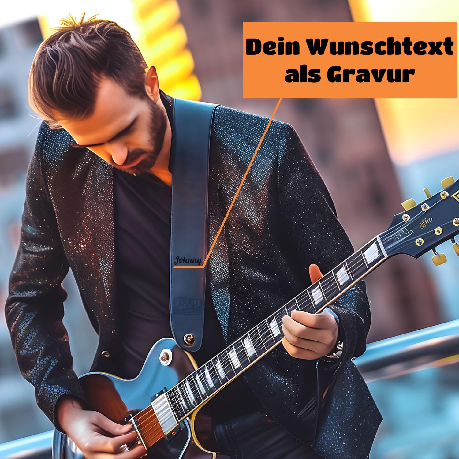 keepdrum personalisierter Gitarrengurt aus Echt-Leder Schwarz mit Wunsch-Text Gravur