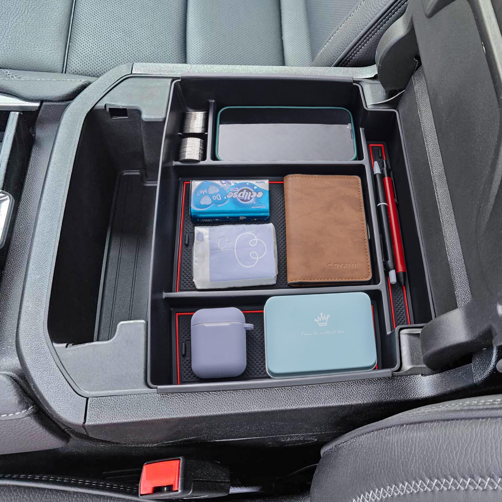 TOPINSTALL Red Power-Sliding Console Tray Compatible with 2021-2025 Chevy Tahoe/Suburban/GMC Yukon Accessories, Full-Size Armrest Organizer (Not for Standard Console with Charging Socket!)