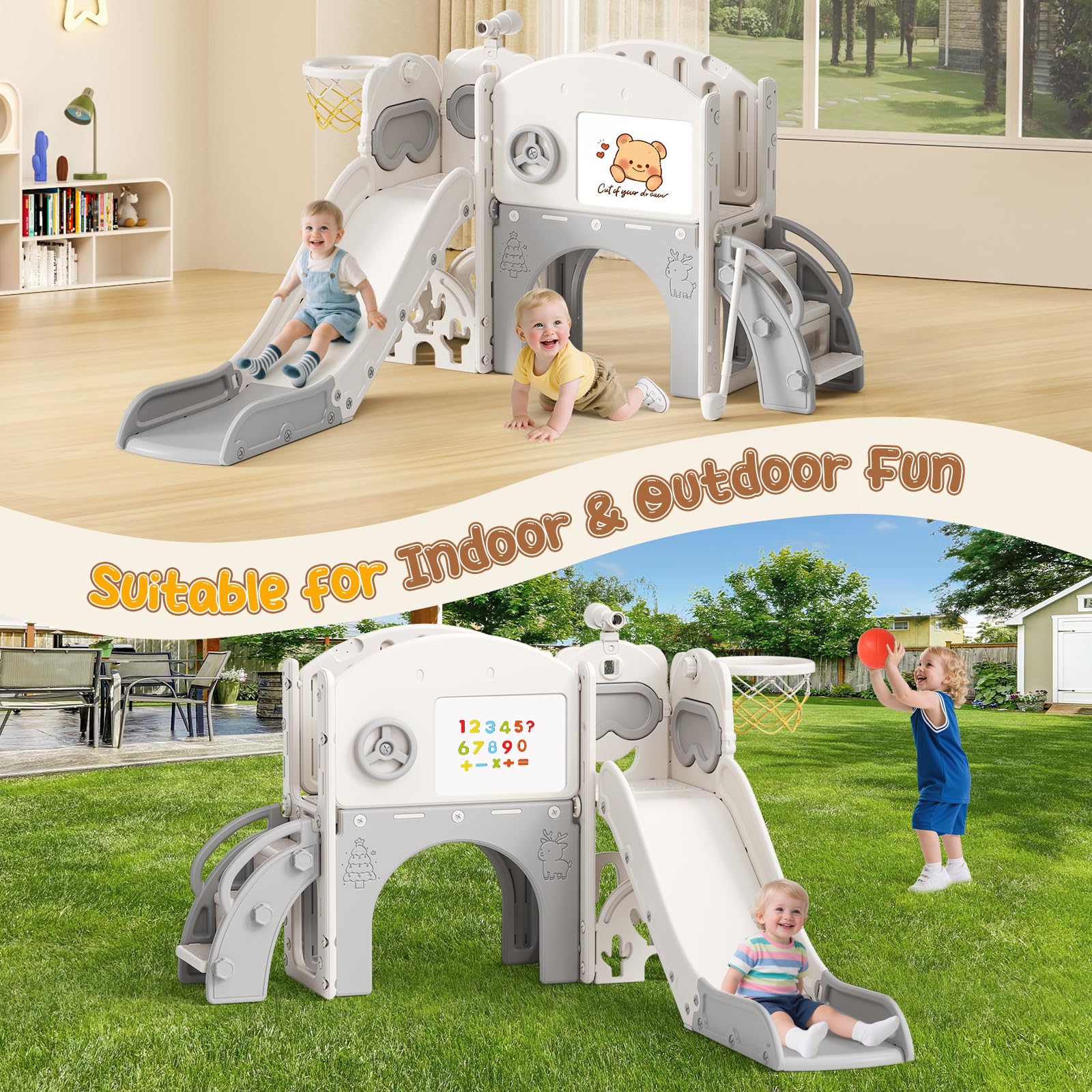 Tobogán para niños con aro de Baloncesto, Tobogán para jardín de Infantes, Parque Infantil Interior y Exterior, Kit de Juego de Escalada Independiente con tobogán para bebés (Beige Gris-10 en 1)