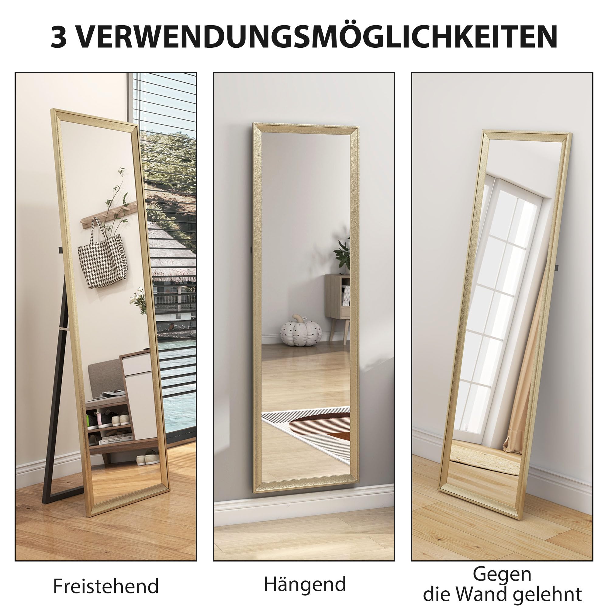 HOMCOM Ganzkörperspiegel 160 x 50 cm Rechteckig Standspiegel mit Metalloptik, Wandspiegel zum Anlehnen, Stehen, großer Spiegel für Flur, Wohnzimmer, Schlafzimmer, Gold