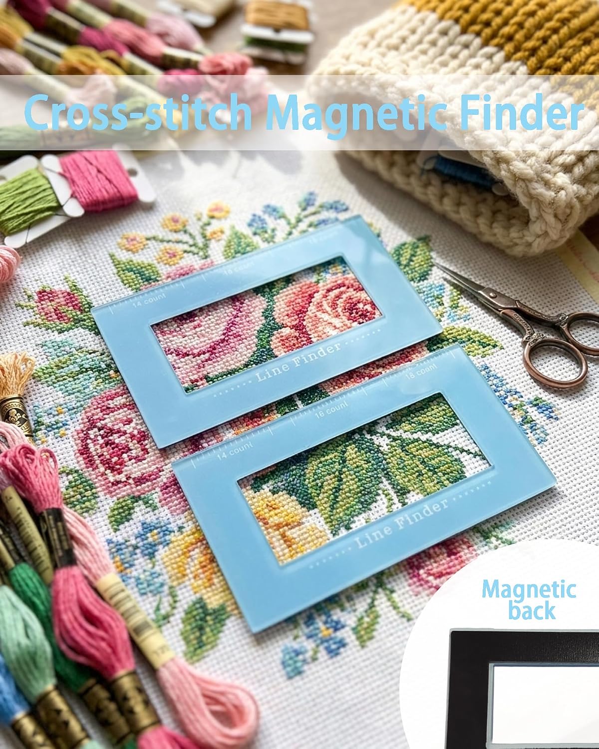 2 Pack Magnetic Line Finder for Cross Stitch & Knitting – Magnetic Pattern Holder with Ruler Scale, Portable Sewing Positioning Tool for Embroidery, Quilting & DIY Craft Beginners