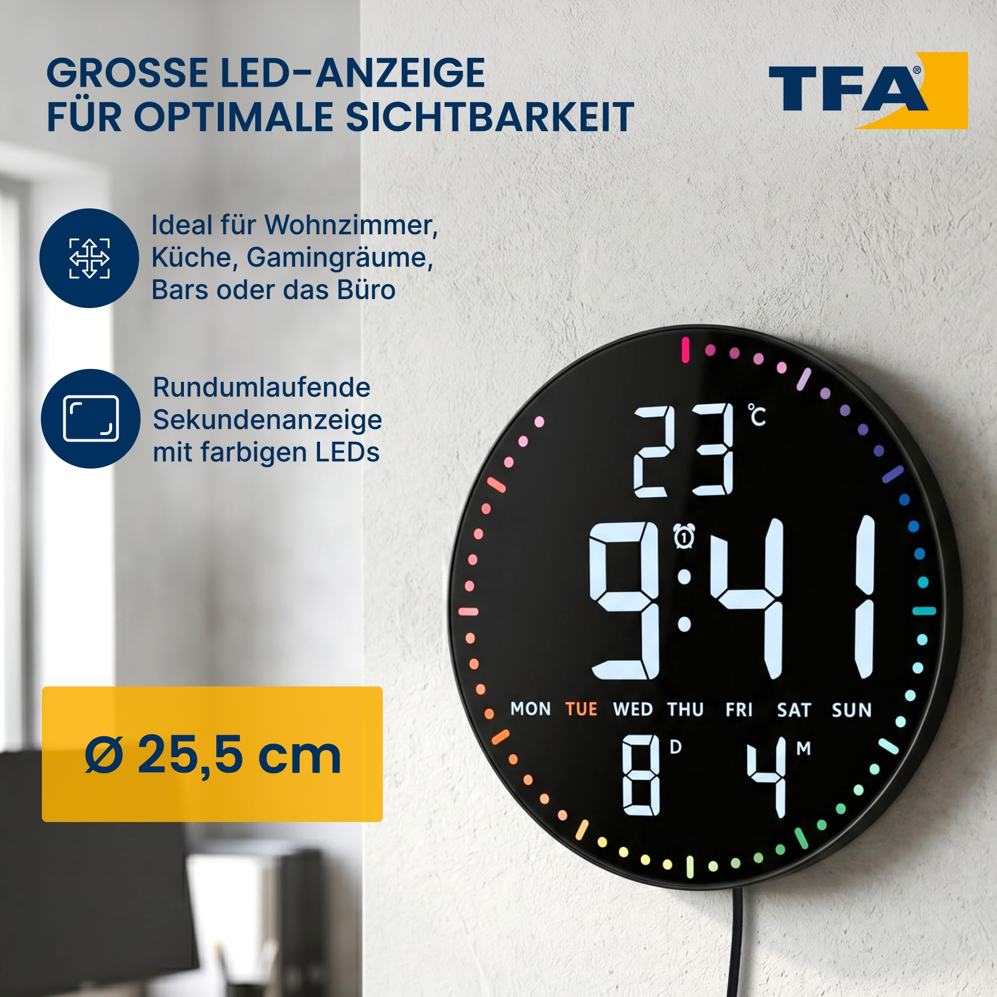 TFA Dostmann LED Wanduhr digital, 25,5 cm, Temperatur, Datum, Wecker | 60.4002 Mit Netzadapter, Kalenderanzeige, 12/24 H, 3 Helligkeitsstufen, weiße Ziffern, bunt, schwarz