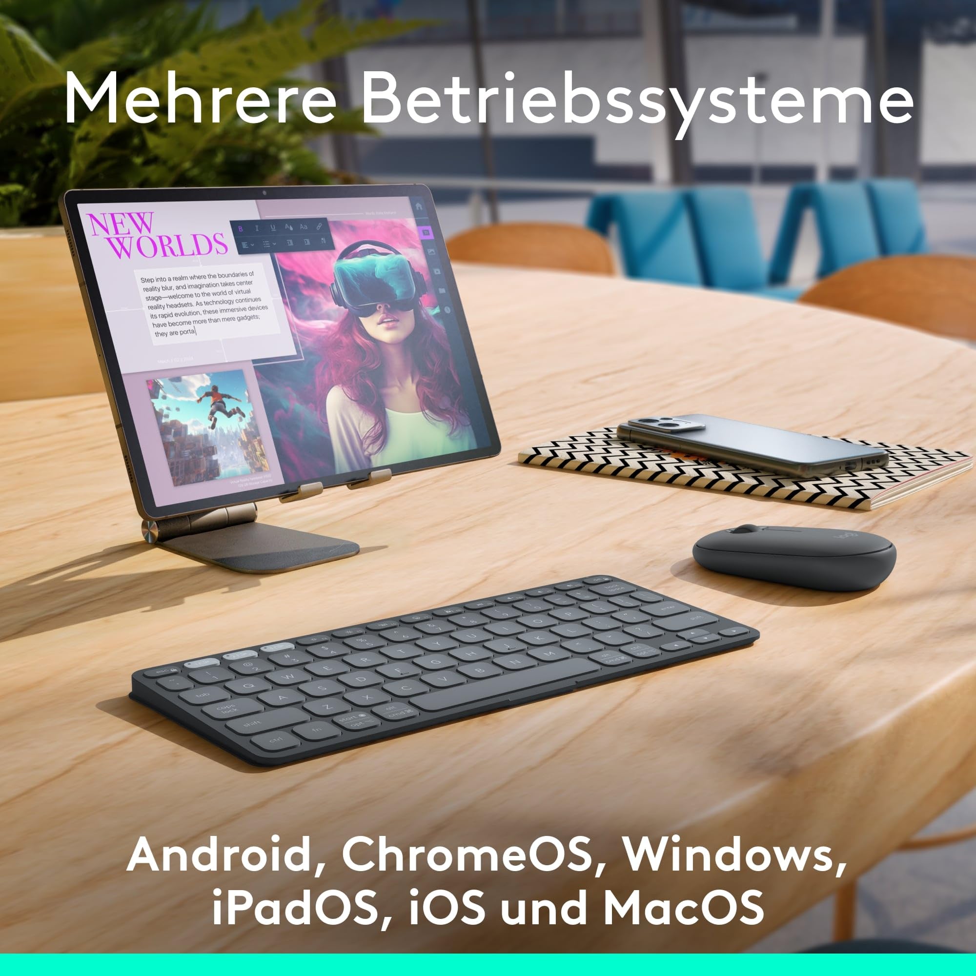 Logitech Keys-to-Go 2, Mobile Bluetooth-Tastatur für Tablets mit integriertem Schutzcover, schlanke, kabellose Tastatur für Windows, Android, Linux, iPad, iPhone, Mac, Apple TV, DEU QWERTZ - Grau