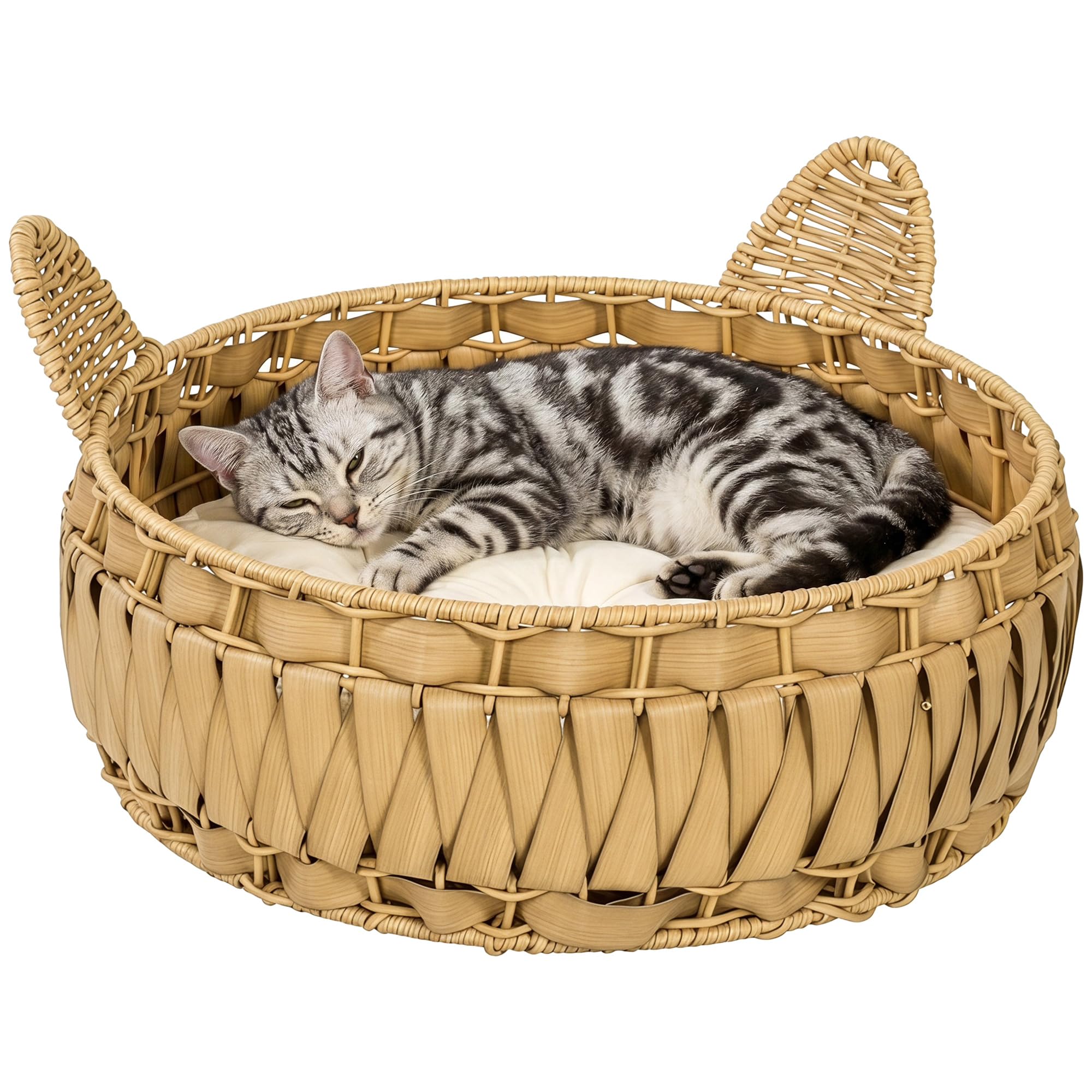 PawHut Legowisko i kryjówka dla kota do 10 kg 50x50x25 cm Jasnobrązowe | Zdejmowana poduszka, koszyk, domek, rattan