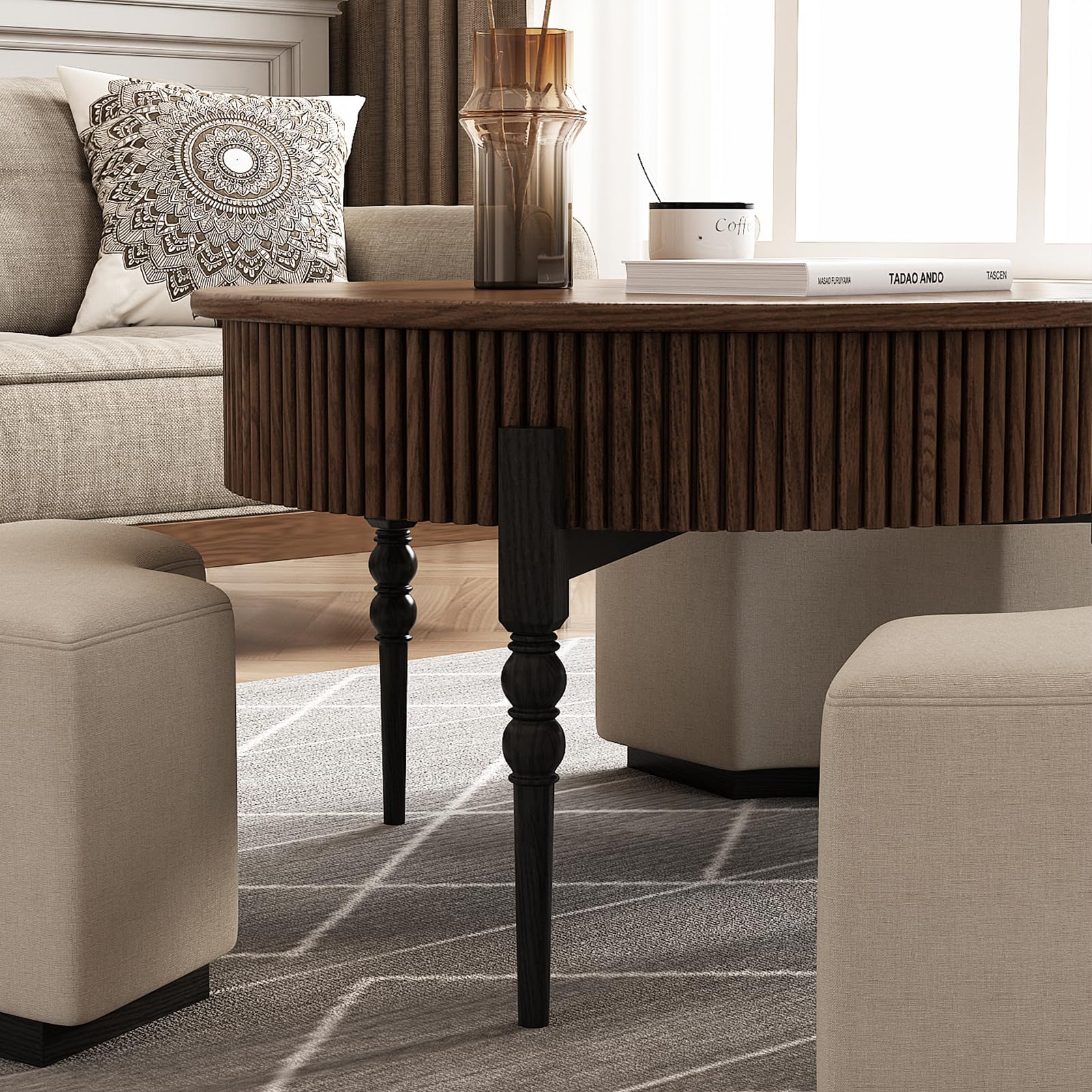 Lartis Modernes rundes Couchtisch-Set, Walnuss-Finish mit Stauraumschublade und Hockern, 2-teiliges Set für das Wohnzimmer