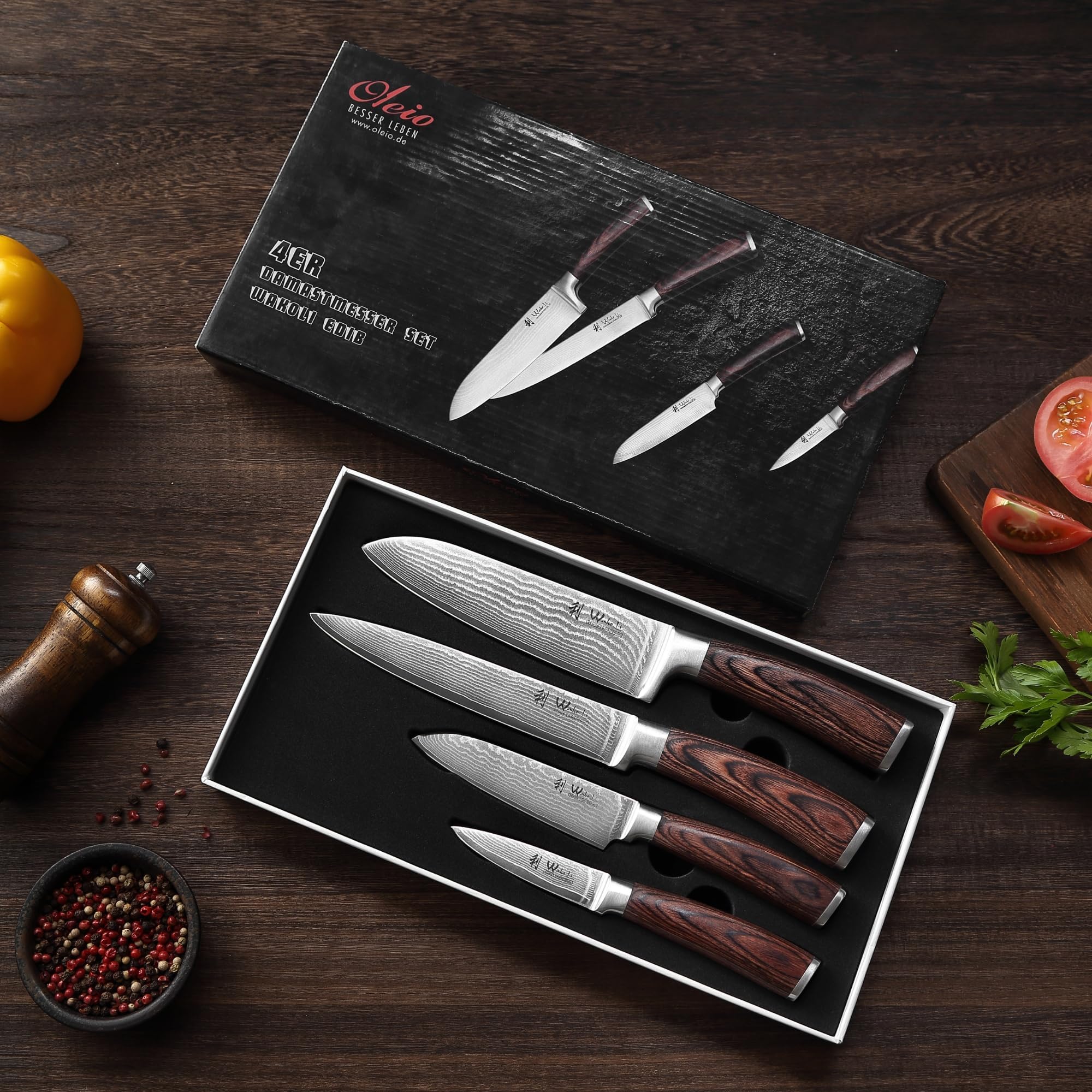 Wakoli Zestaw Noży, Stal Damasceńska, Sebrny, 29/19 cm, 2-Częściowy | Z Santoku 17 cm, nóż do mięsa 18 cm, mały Santoku 12 cm i nóż biurowy 8,5 cm z 67 warstw stali damasceńskiej z rdzeniem VG10