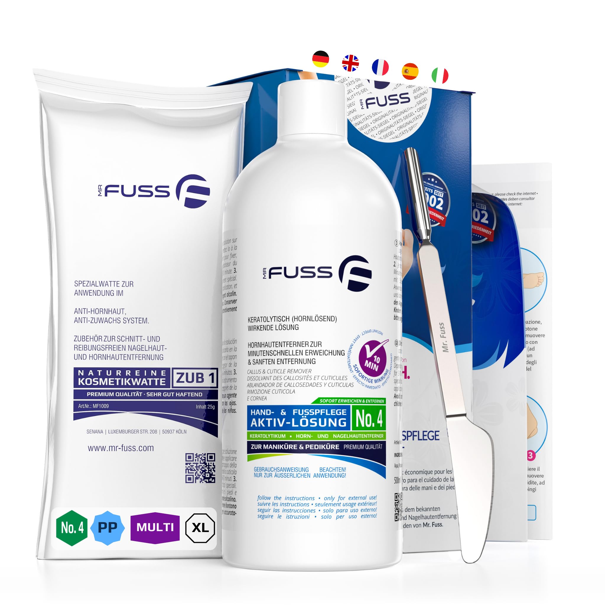Mr. Fuss® N. 4 - Plus Pack Multi – Grande, per cuticole e cuticole, confezione risparmio da 3 pezzi, soluzione attiva, ammorbidente rapido, 500 ml, ovatta, multitool