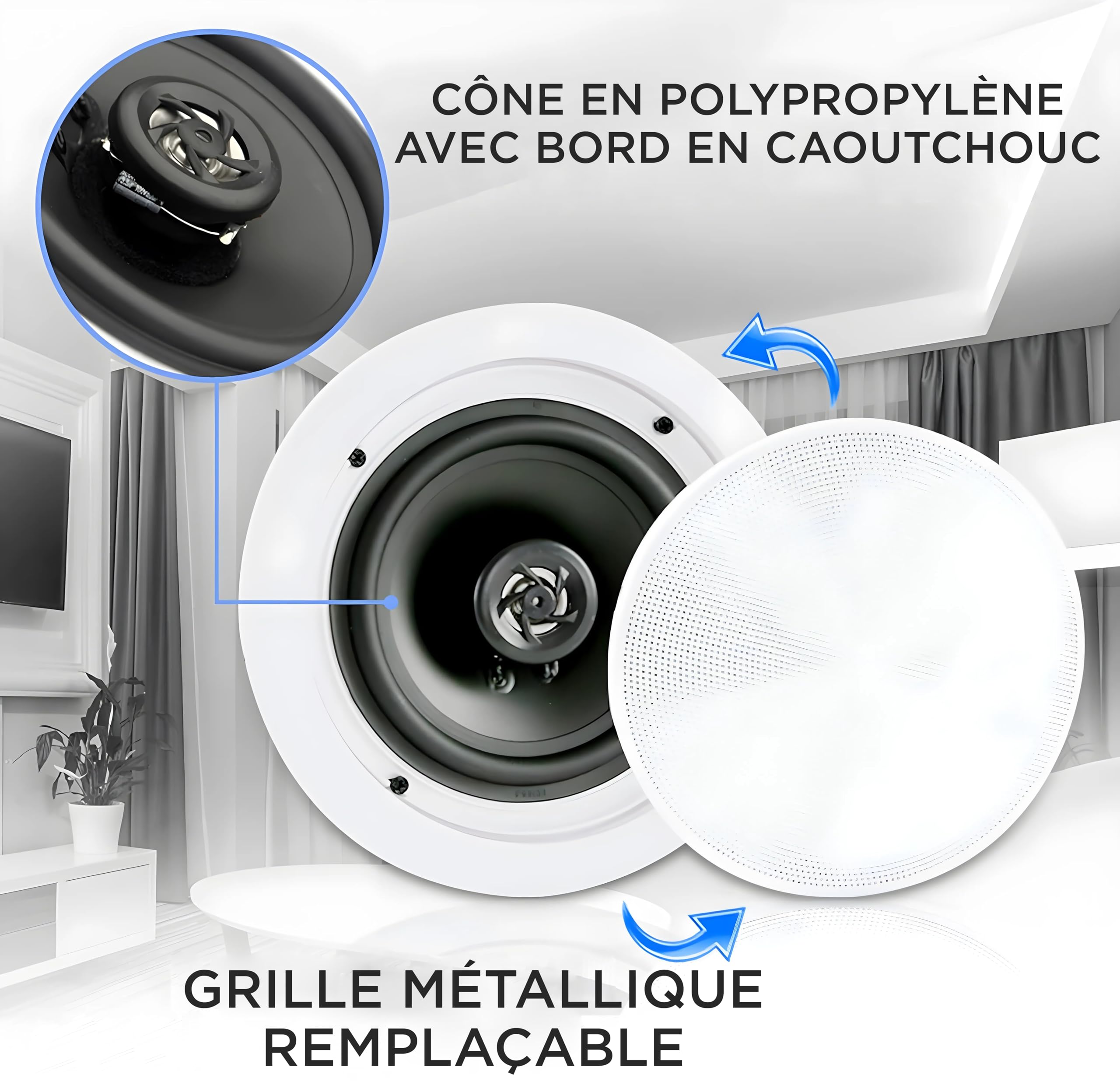 Pyle Enceintes Bluetooth 2 Voies à Encastrer Mur/Plafond avec Connexions Rapides et Grilles Interchangeables