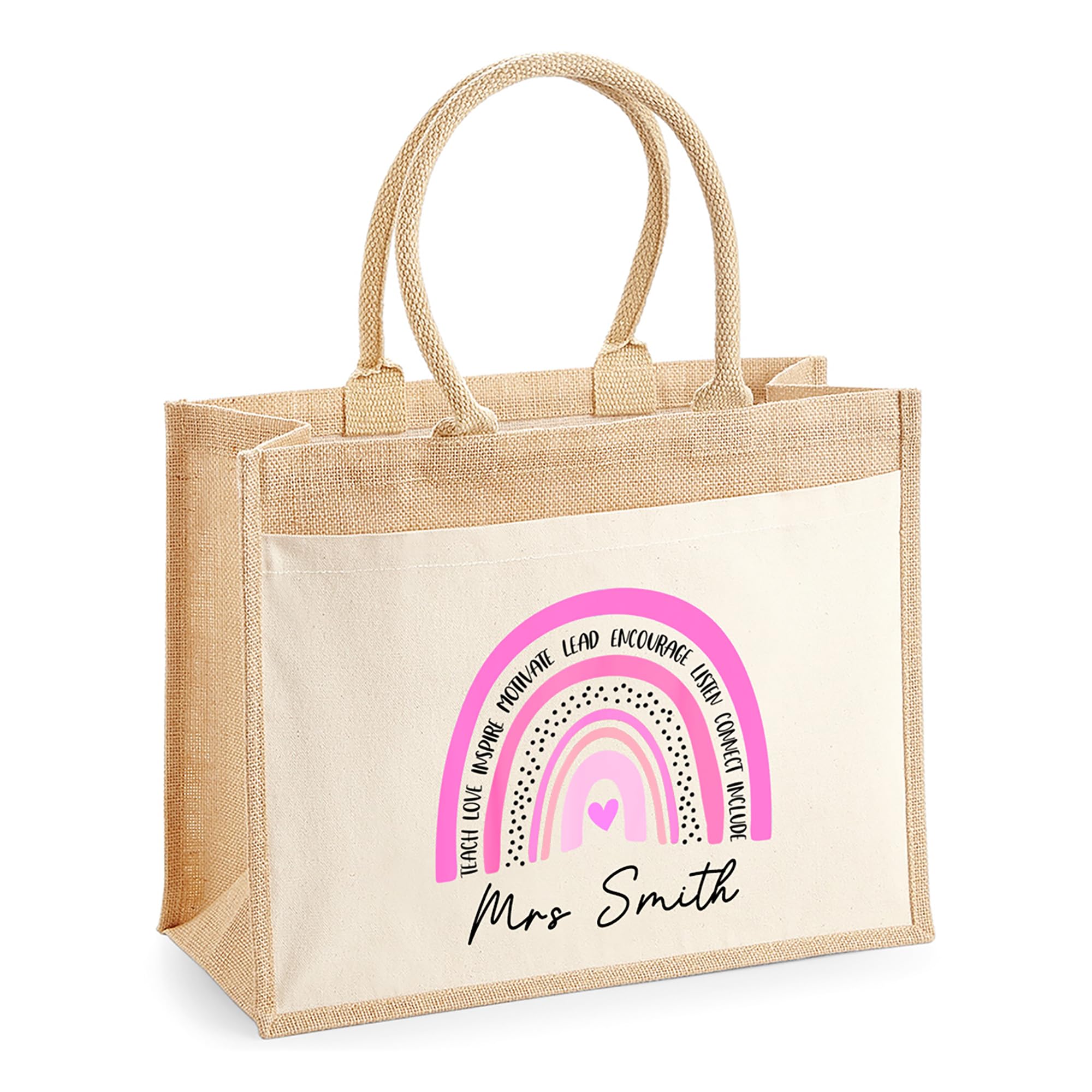 Chicken Craft Personalised Teacher Jute Tote Bag with Name Rainbow Design Thank You Gift โ image 1