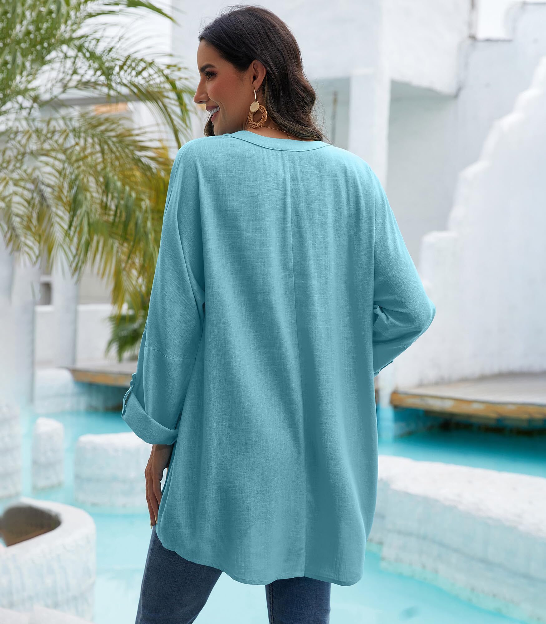 Chemisier Femme Tunique Femme Chic d'été Top en Lin pour Haut Col en V Grande élégant Chemise à Manches Longues en Lin et Coton Chemise imprimée