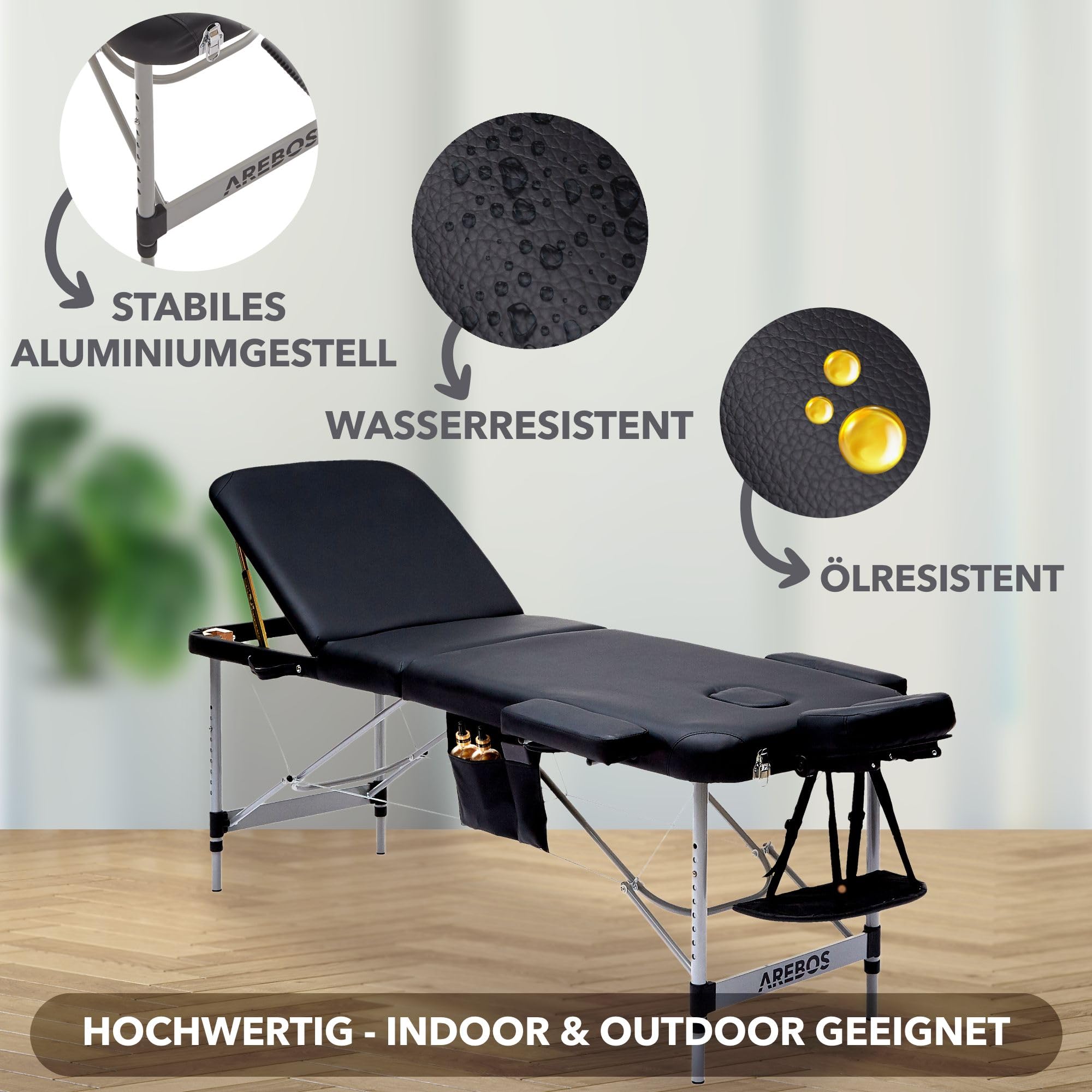 Arebos Mobile Massageliege 3 Zonen, Massagetisch, Massageliege klappbar, höhenverstellbare Aluminium Massagebett Kosmetikliege tragbar inkl. Zubehör, Kopfstütze, Armlehne und Tragetasche, Schwarz