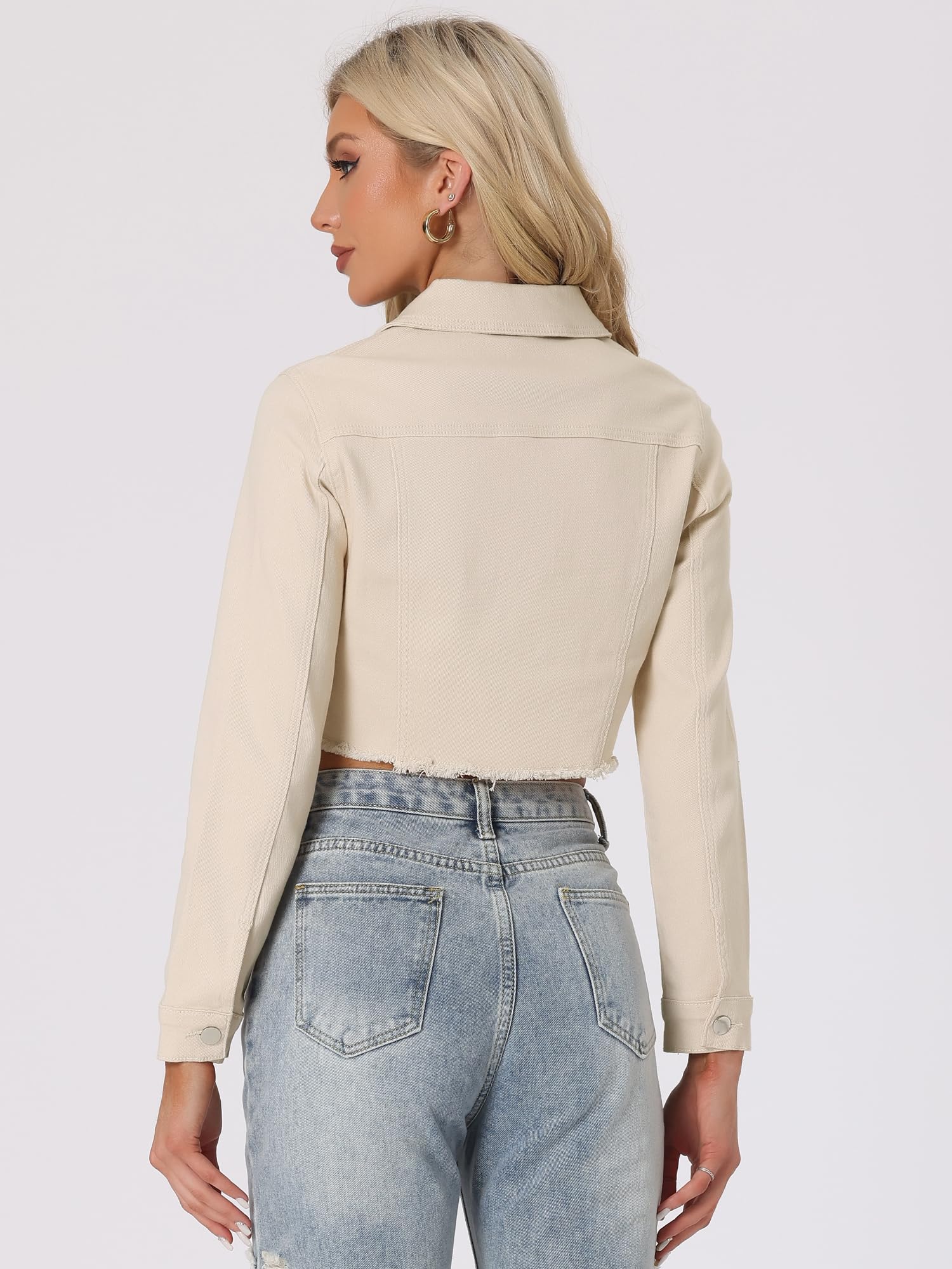 Allegra K Damen Langarm Denim Jacken Button Up Washed Umlegekragen Cropped Jeansjacke