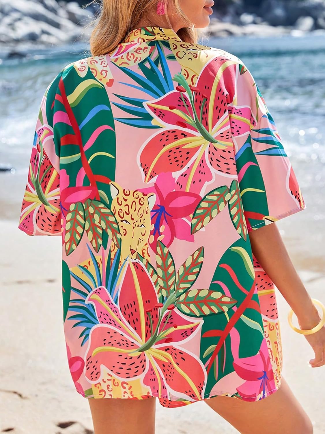 SOLY HUX Women's Summer 2 Piece Outfits Hawaiian Tropical Print Open Front Half Sleeve Kimono and Shorts Set - Image 2