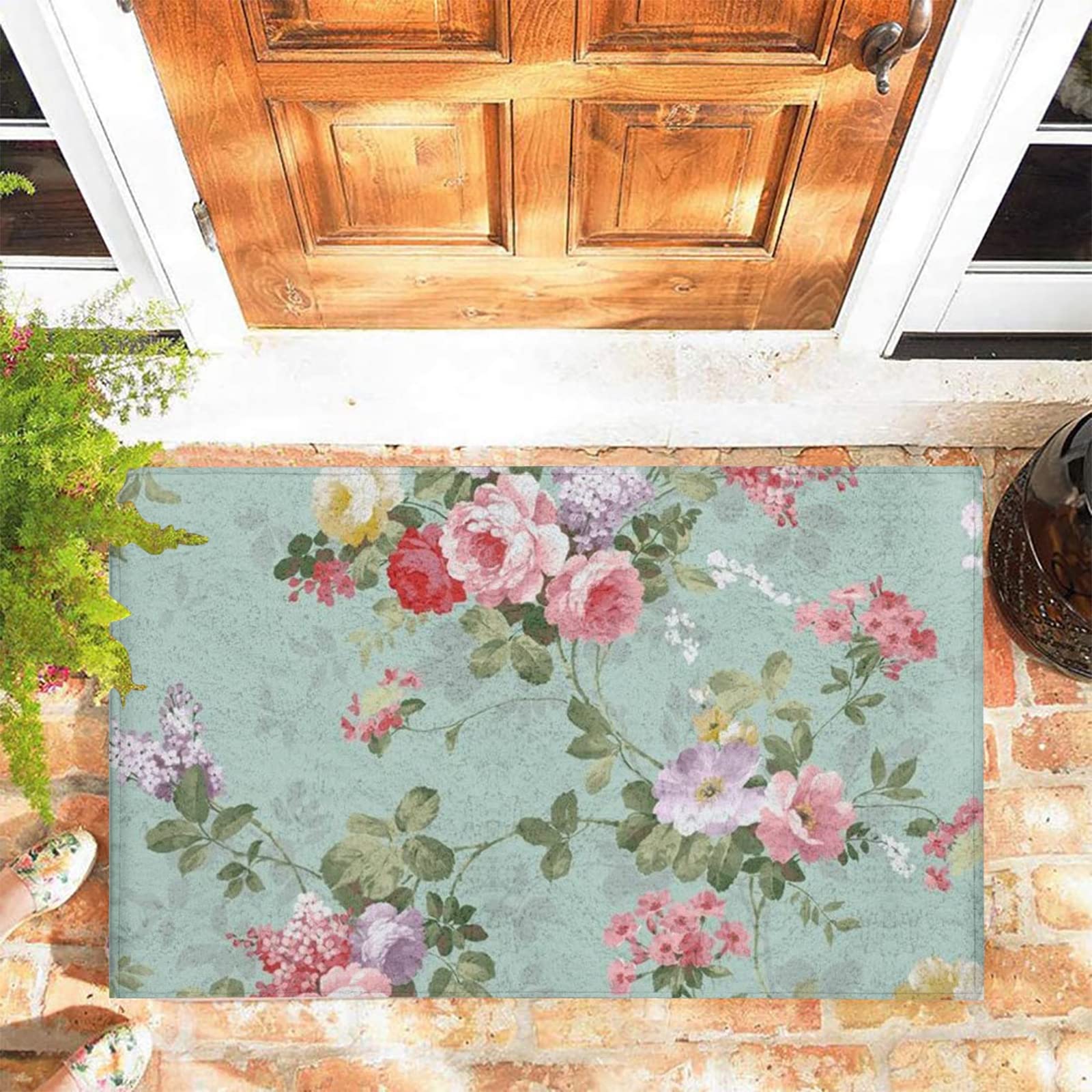 JOOCAR Door Mat Retro Watercolor Green Pink White Floral Door Mat for Indoor, 45x75 cm, Non-slip Entrance Rug Machine Washable Soft Doormats for Kitchen Bathroom Bedroom