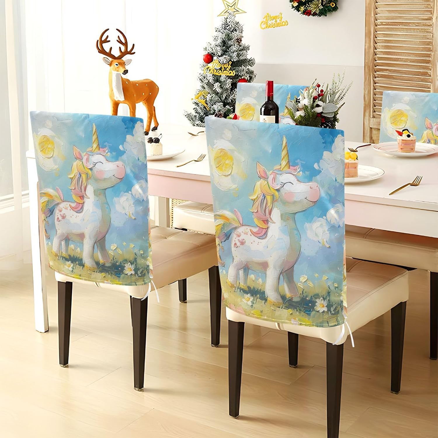 ALAZA Cute Unicorn Enjoy The Sunshine Chair Back Cover Set of 6, Washable Reusable Removable Chair Slipcovers Decorative Chair Cover for Home Kitchen Wedding Party