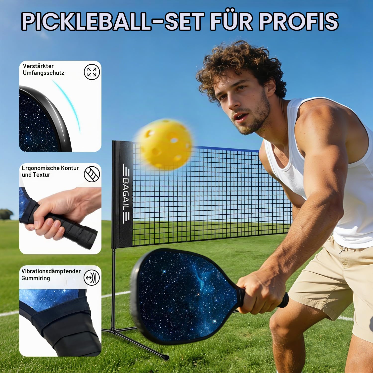 BAGAIL Sportnetz mit Pickleball- und Badminton-Sets, 5.2m | höhenverstellbares Netzsystem, tragbare Transporttasche, Aufbau ohne Werkzeug, ideal für Volleyball, Pickleball und Tennis