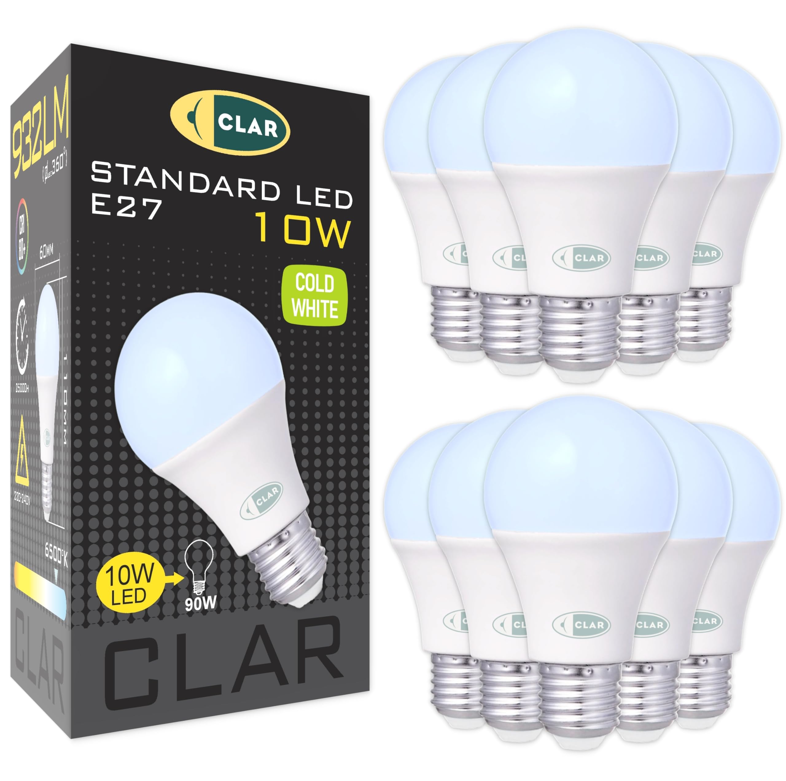 CLAR - Bombillas LED E27 10W 6500K, Luz Fría, Bombilla LED Blanco Frío (Pack 10)