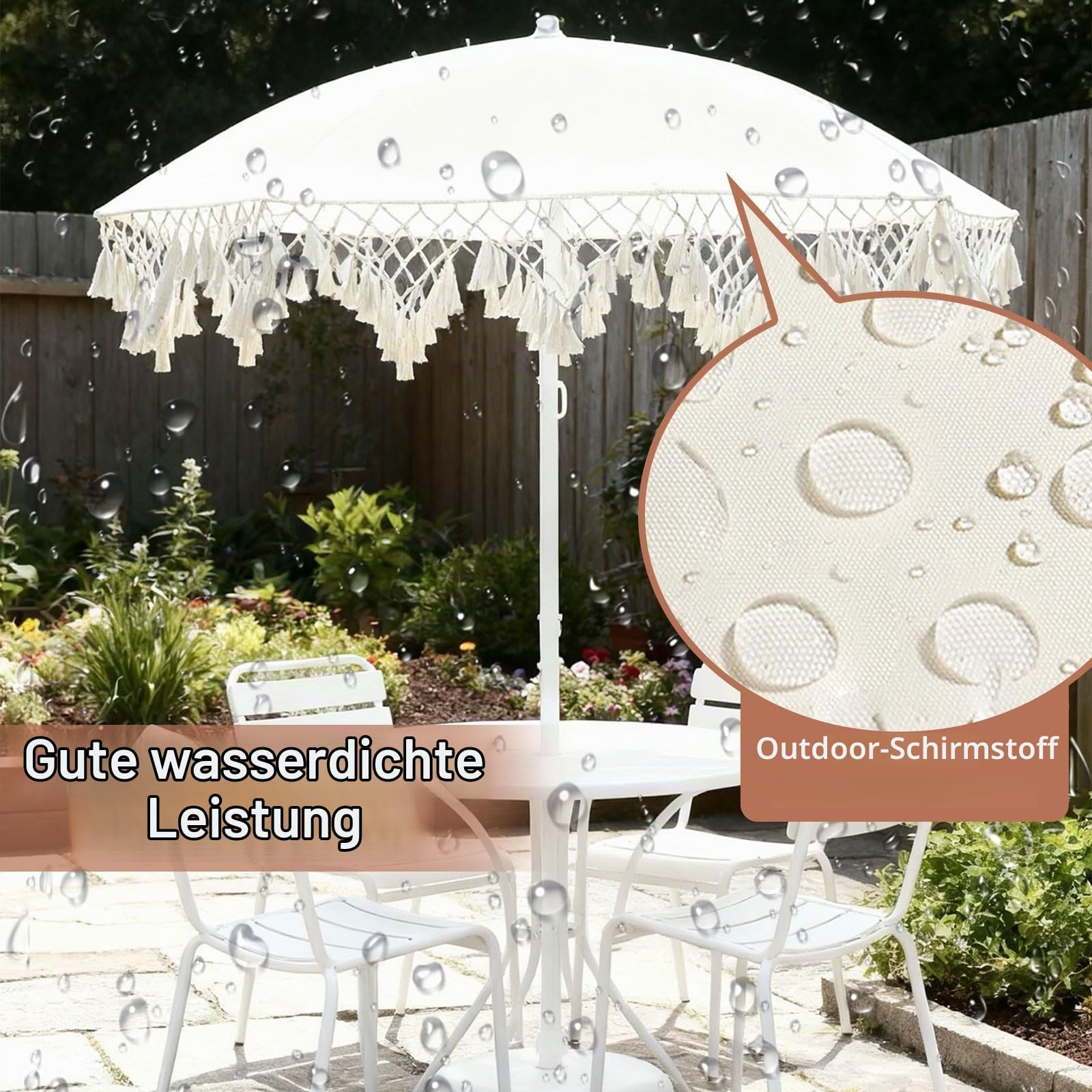 Boho Sonnenschirm mit Fransen | Gartenschirm Runden | Strandschirm UV 50+ | Wasserdicht Tischschirm | Marktschirm Für Garten Terrasse Pool Balconi Esterno | Milchweiß
