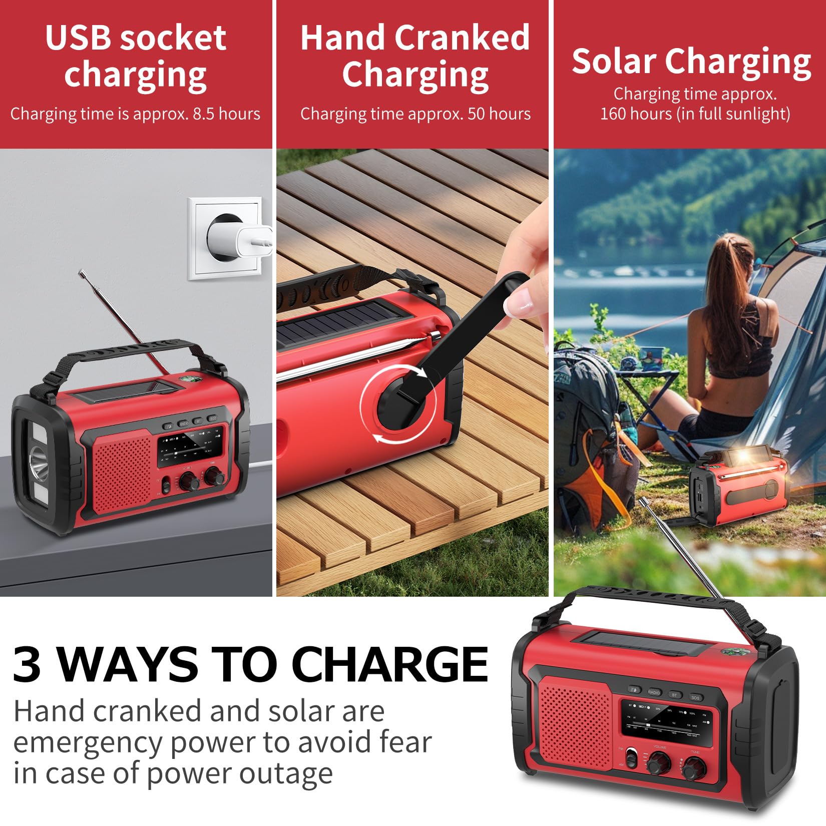 Kurbelradio 27000mAh, Notfallradio Solar Kurbel FM/AM Mit Bluetooth, SOS Alarm Emergency Radio, Kurbel Radio Mit Drahtlosen Lautsprechern und Kopfhöreranschluss (Armeegrün)