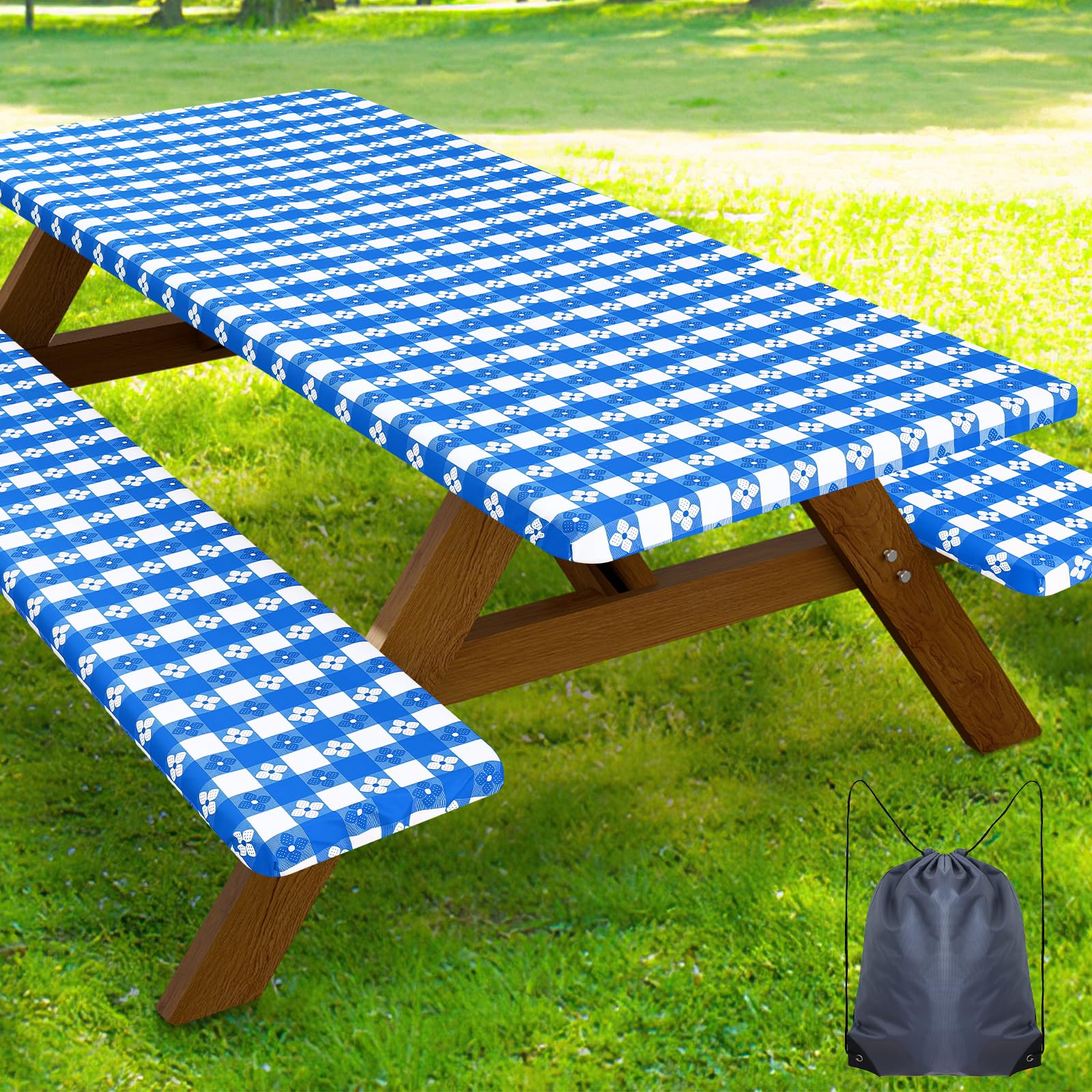 Smiry Picnic Table Cover with Bench Covers, Waterproof Elastic Fitted Tablecloth for 8 Foot Tables, Washable Polyester Tablecloths for Camping, Indoor &amp; Outdoor (Blue &amp; White, 30x96 Inch 3-pc Set)