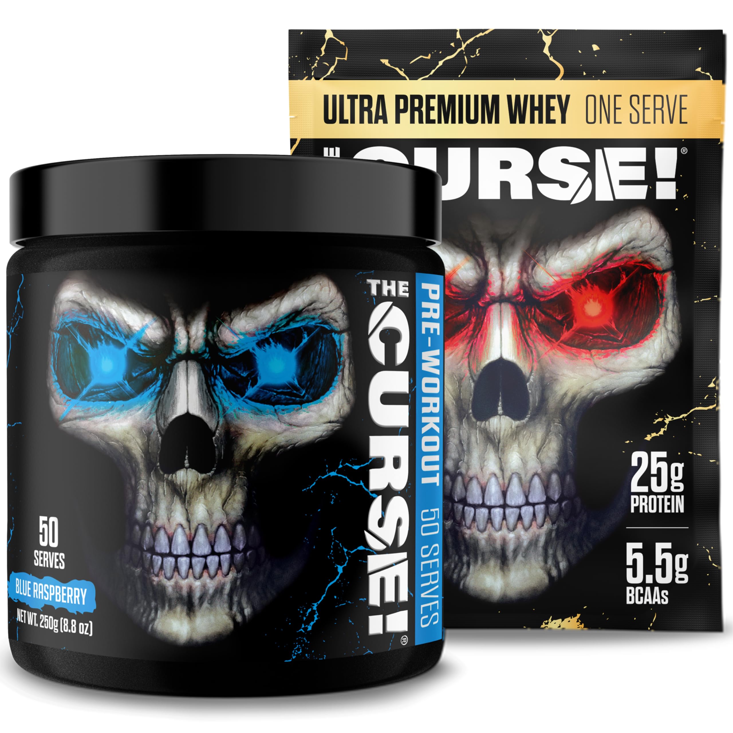 JNX SPORTS The Curse! Pre Workout Powder - Blue Raspberry 50 Servings with The Curse! Ultra Premium Whey Protein Powder Vanilla Bean Free Sample