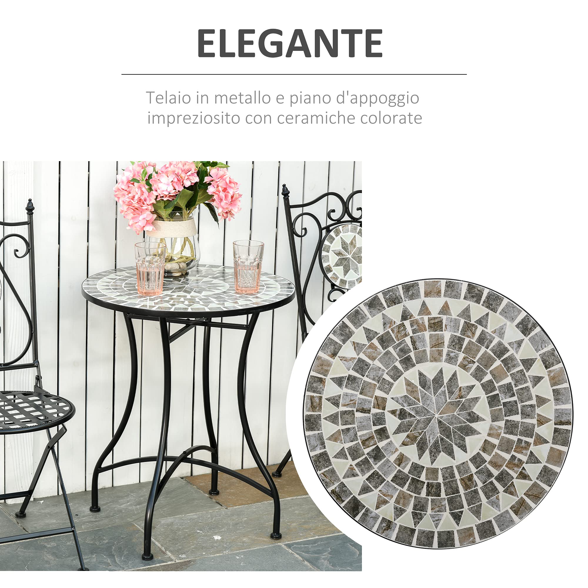 Outsunny Tavolino da Giardino in Metallo e Ceramica Ф60x71cm Nero