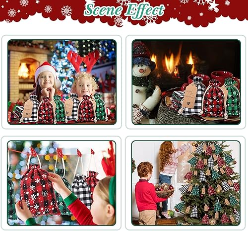 Vista 13 de Shappy 24 bolsas de regalo de Navidad con cordón, bolsas de Adviento de arpillera a cuadros de Navidad, 7 x 5 pulgadas, bolsa de lino para dulces