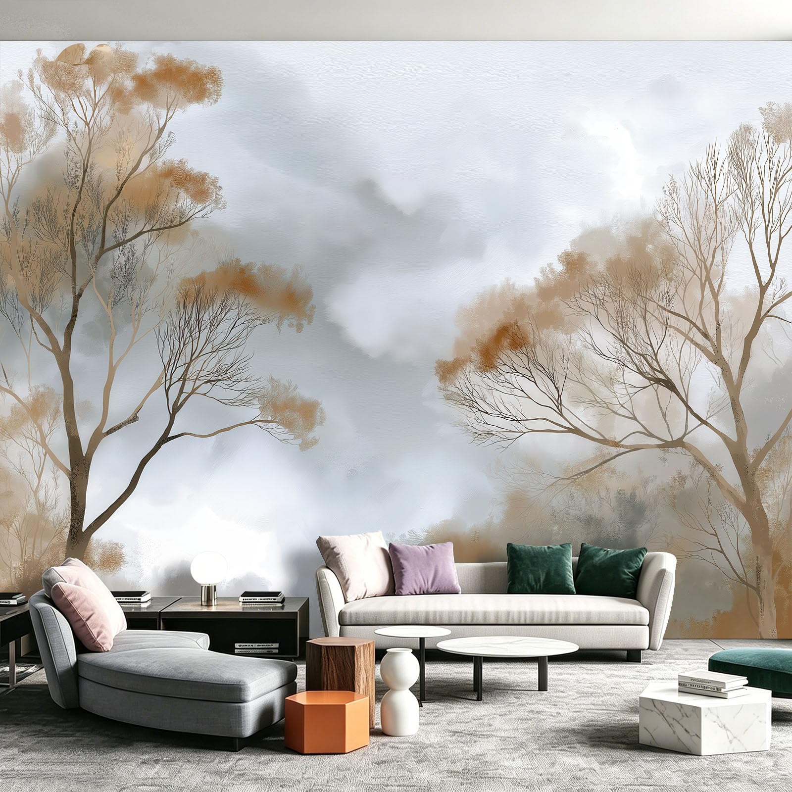 Papel pintado fotográfico con tinta botánica, 300 x 210 cm (ancho x alto), no tejido, impresión artística de alta calidad, póster decorativo, diseño moderno, árboles ahumados