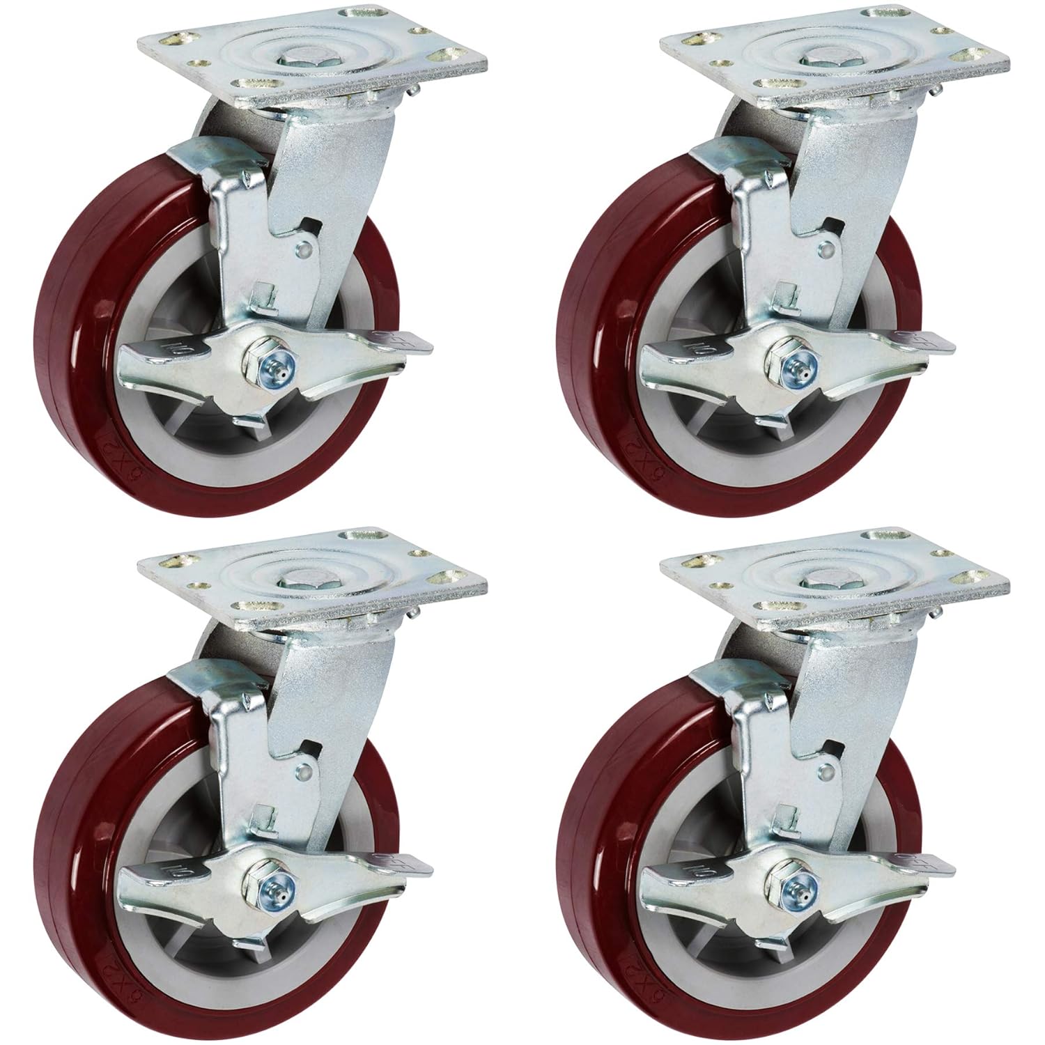 ICON Caster Wheels 6" x 2" PRO Heavy Duty Industrial Casters, Top Plate 4" x 4.5", Maroon, 4 Swivel w/Top Lock Brake, Non-Marking Pro-Tech Polyurethane Wheel, Load Capacity 3600 lbs. per Set (4-Pack)