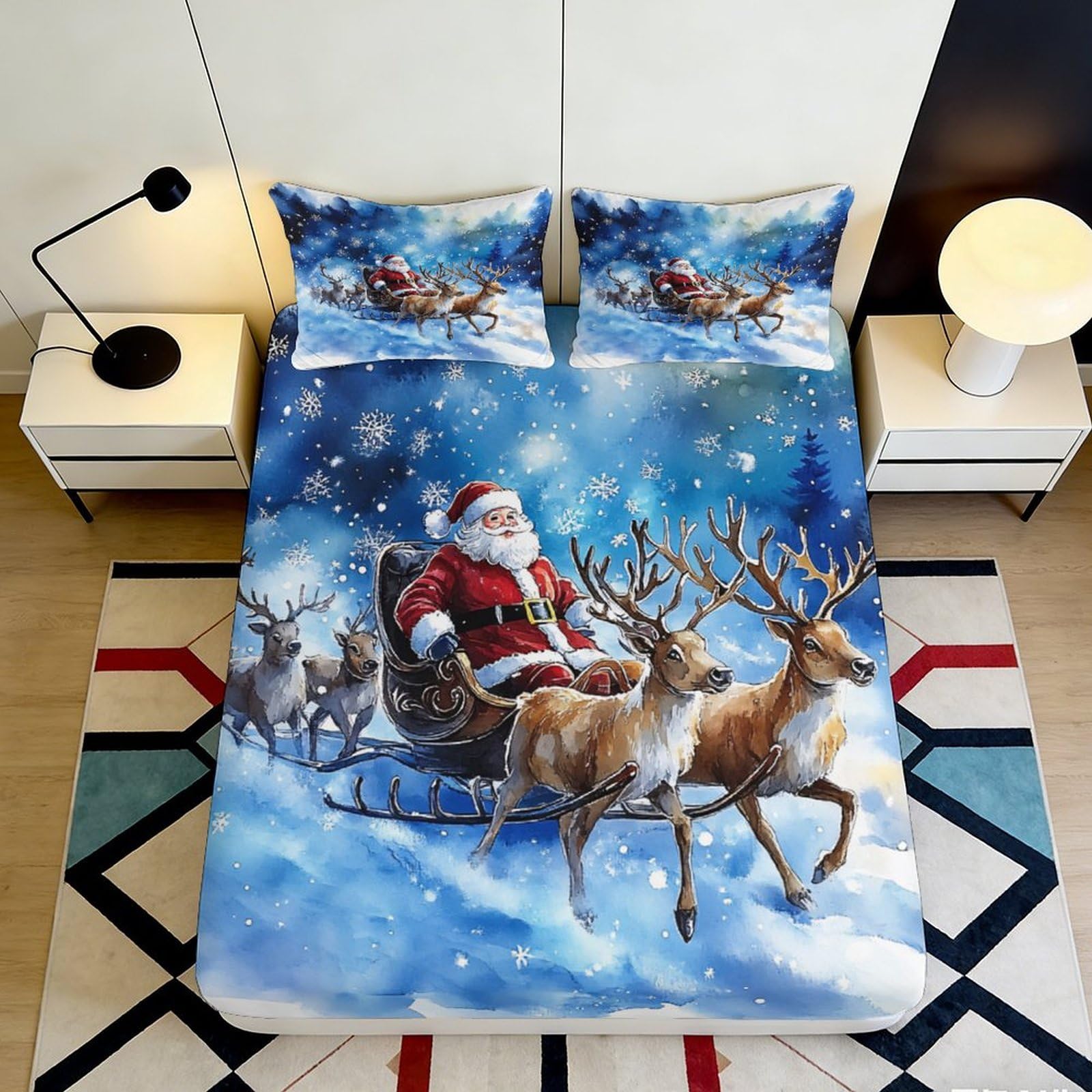 Jqzkxnhpbr Style-5 3D Printed Christmas Santa Sleigh Fitted Sheet Microfiber Soft Blue Snow Reindeer Bed Cover For Bedroom Guest Room Decor 90X200x25cm