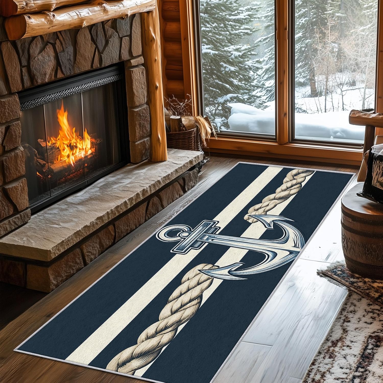 Anchor Runner Rug 2x6 - Hallway Runner Rug Ocean Nautical Striped White Navy Blue Pattern, Non Slip, Washable, Anchor Home Decor Carpet for Kitchen, Entryway, Bedroom, Laundry Room D20