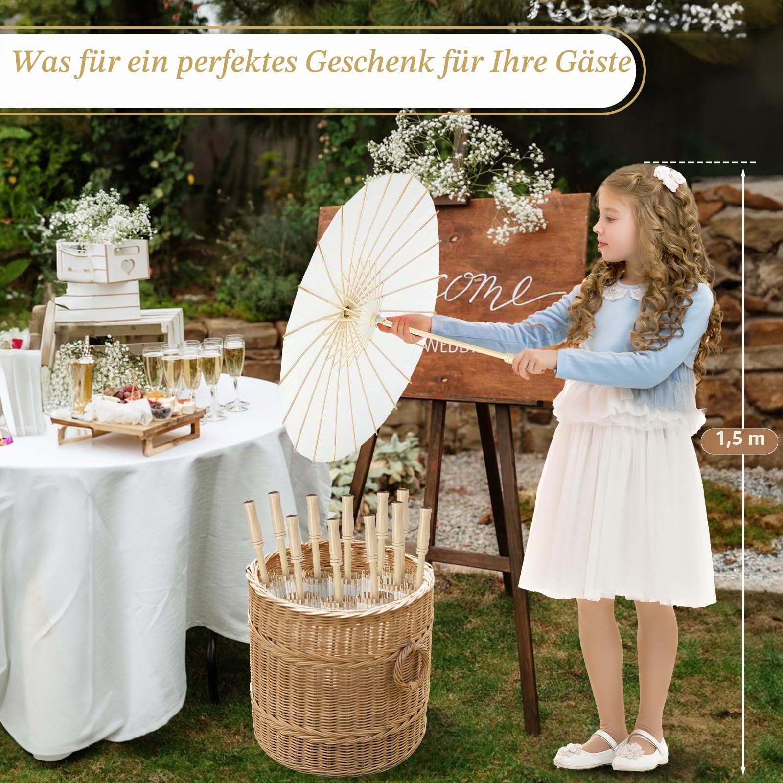 Papierschirme, chinesisch, japanisch, geöltes Papier, kleiner Papierschirm, DIY, Malerei, geöltes Papier, Sonnenschirm für Hochzeit, Brautparty, Dekoration, 60 cm, Weiß